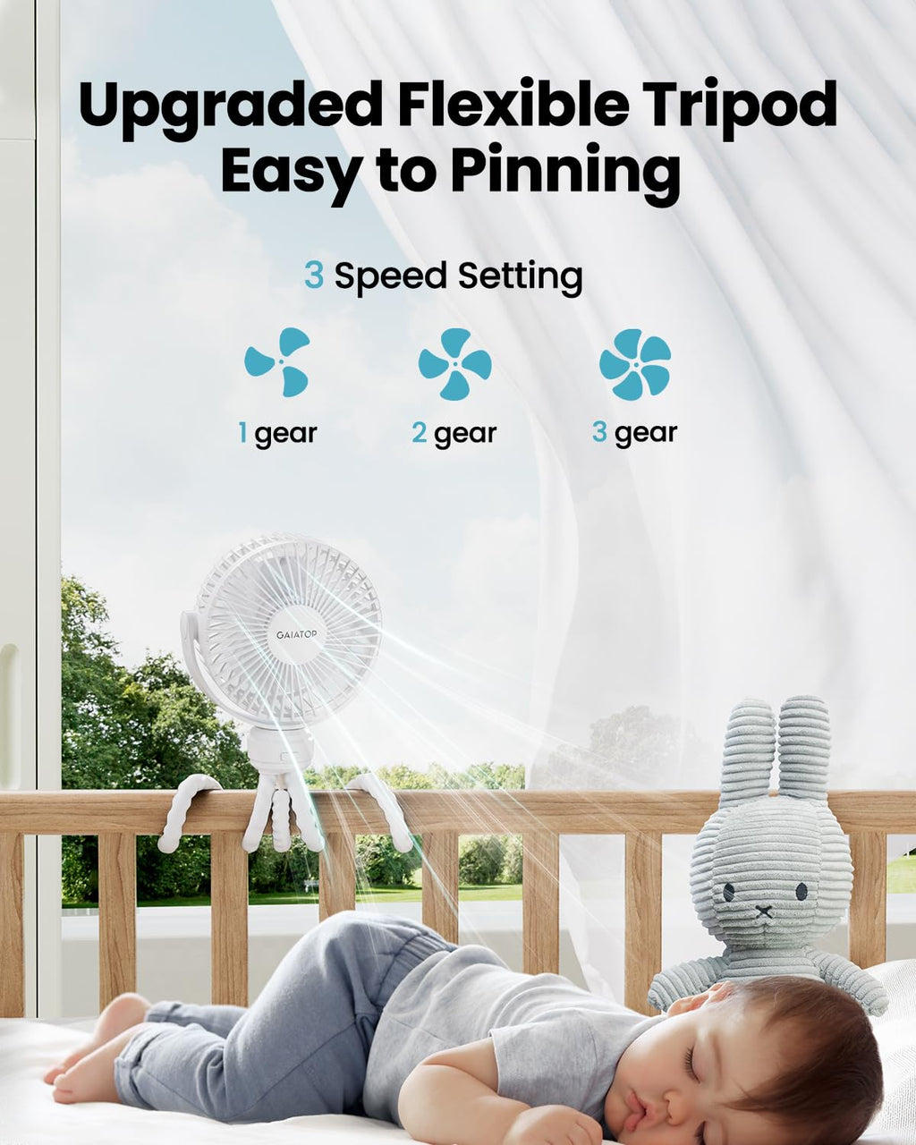 Gaiatop Mini Portable Stroller Fan, Battery Operated Small Clip on, Detachable 3 Speed Rechargeable, 360° Rotate Flexible Tripod Better Cooling for Car Seat Crib Treadmill Travel Black