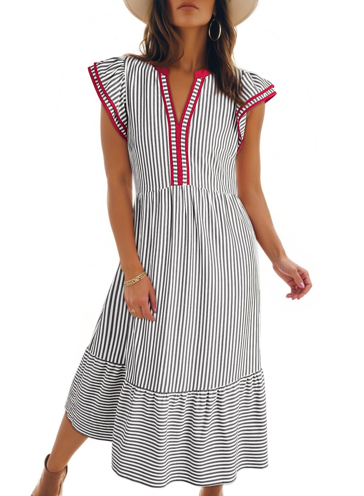 Dokotoo Womens Dresses 2026 Summer V-Neck Ruffle Cap Sleeve Empire Waist Flowy Striped Beach Midi Maxi Dress with Pockets