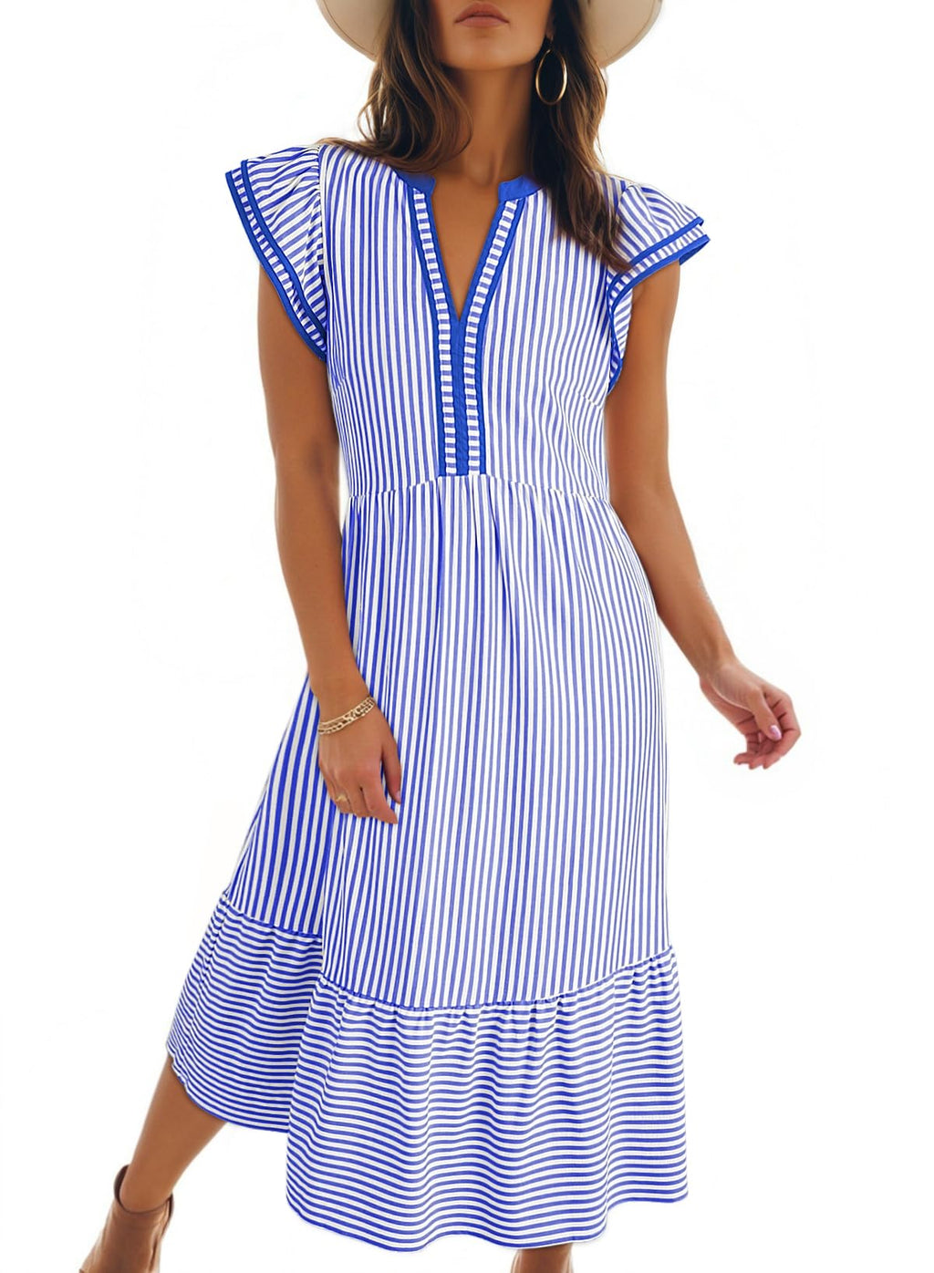 Dokotoo Womens Dresses 2026 Summer V-Neck Ruffle Cap Sleeve Empire Waist Flowy Striped Beach Midi Maxi Dress with Pockets