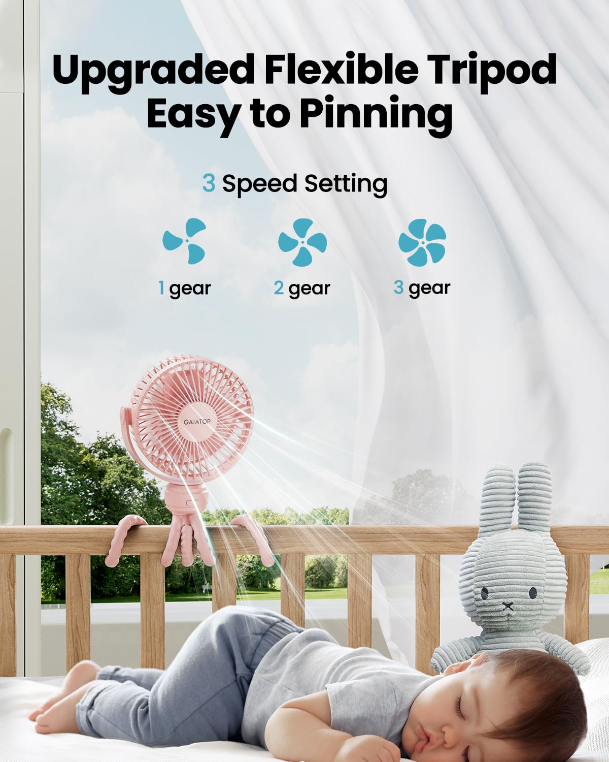 Gaiatop Mini Portable Stroller Fan, Battery Operated Small Clip on, Detachable 3 Speed Rechargeable, 360° Rotate Flexible Tripod Better Cooling for Car Seat Crib Treadmill Travel Black