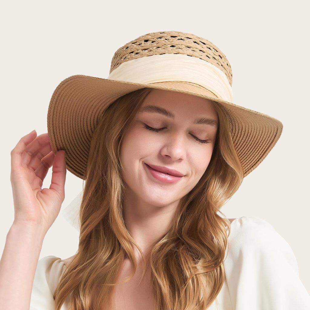 ACUSHLA Straw Sun Hat for Women Wide Brim Adjustable Boho Summer Beach Hats with Bow Vintage Fedora Panama UPF 50+