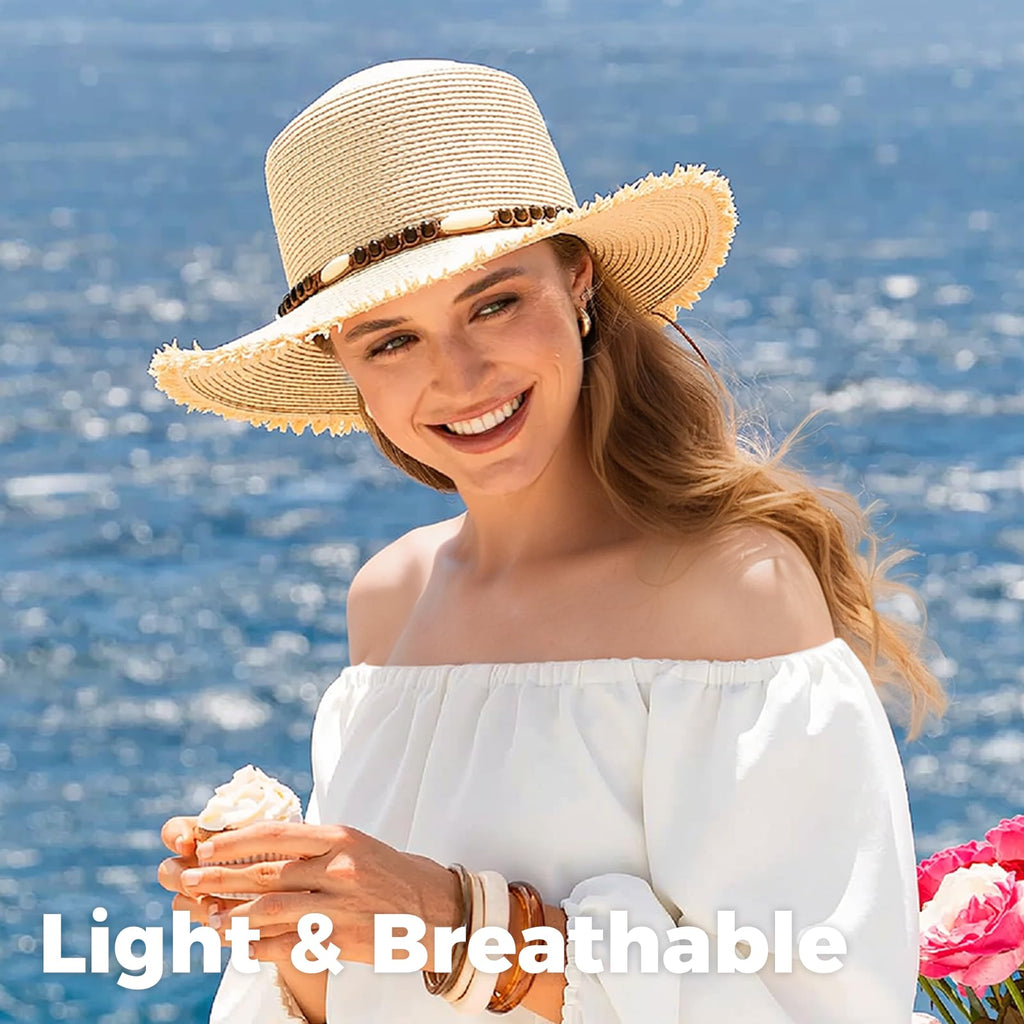 ACUSHLA Straw Sun Hat for Women Wide Brim Adjustable Boho Summer Beach Hats with Bow Vintage Fedora Panama UPF 50+