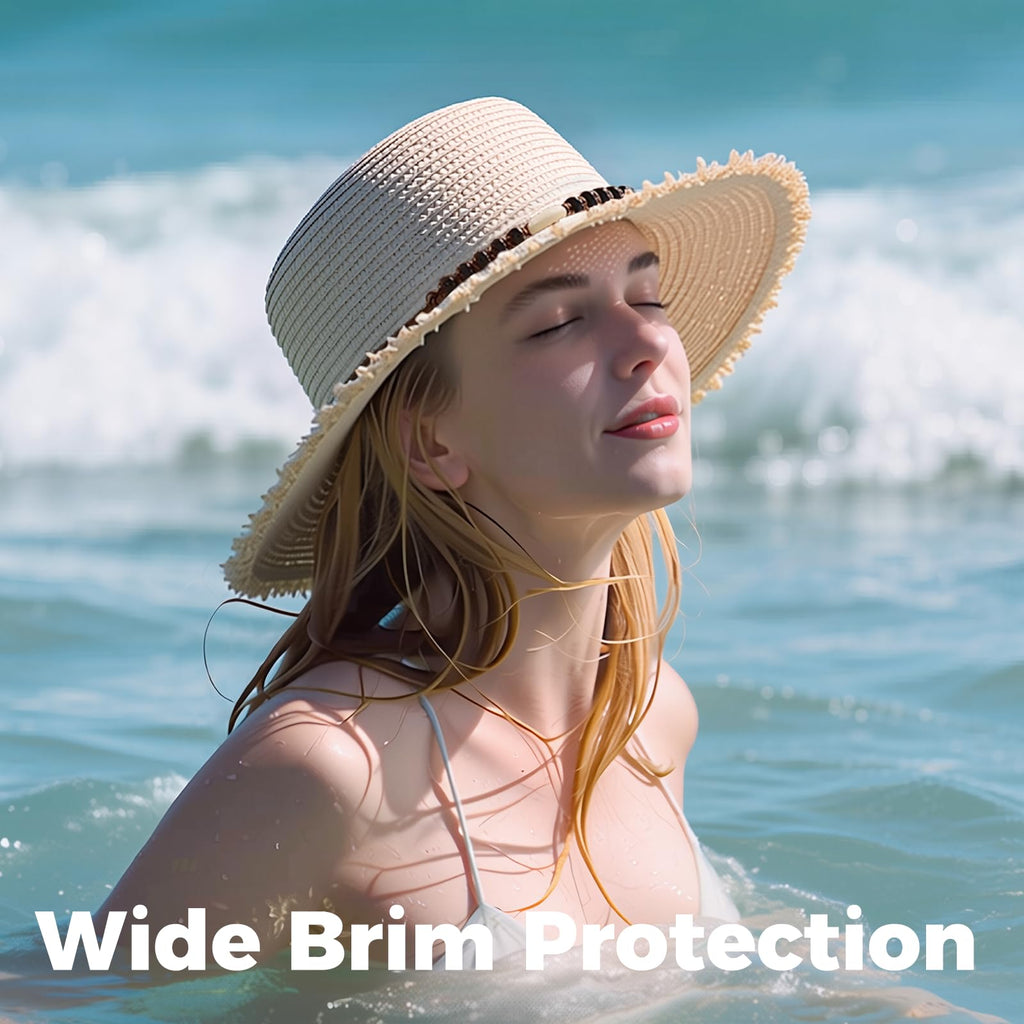 ACUSHLA Straw Sun Hat for Women Wide Brim Adjustable Boho Summer Beach Hats with Bow Vintage Fedora Panama UPF 50+