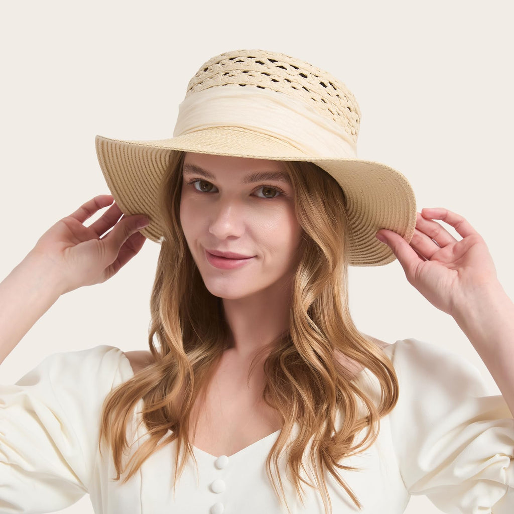 ACUSHLA Straw Sun Hat for Women Wide Brim Adjustable Boho Summer Beach Hats with Bow Vintage Fedora Panama UPF 50+