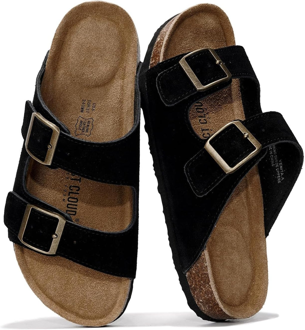 Project Cloud 100% Genuine Leather Flat Sandals For Women 2026 Cork Footbed Womens Sandals with Memory Foam and arch support Vacation Essentials Slides for Women Footwear (Venita)