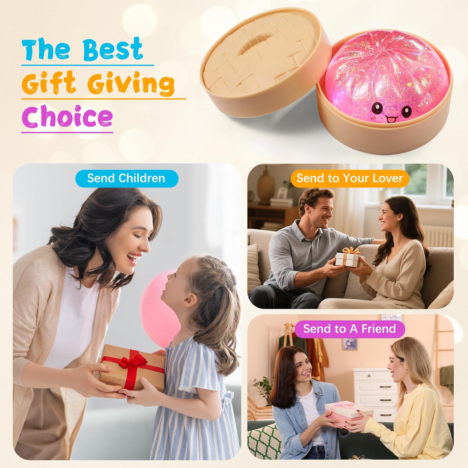 Sugar Dumpling Squishy,Viral Bao Bun Squishy Dumling Mystery Box,Stress Relief Fidget Squeeze Toy for Holiday & Birthday Gifts (Pink)