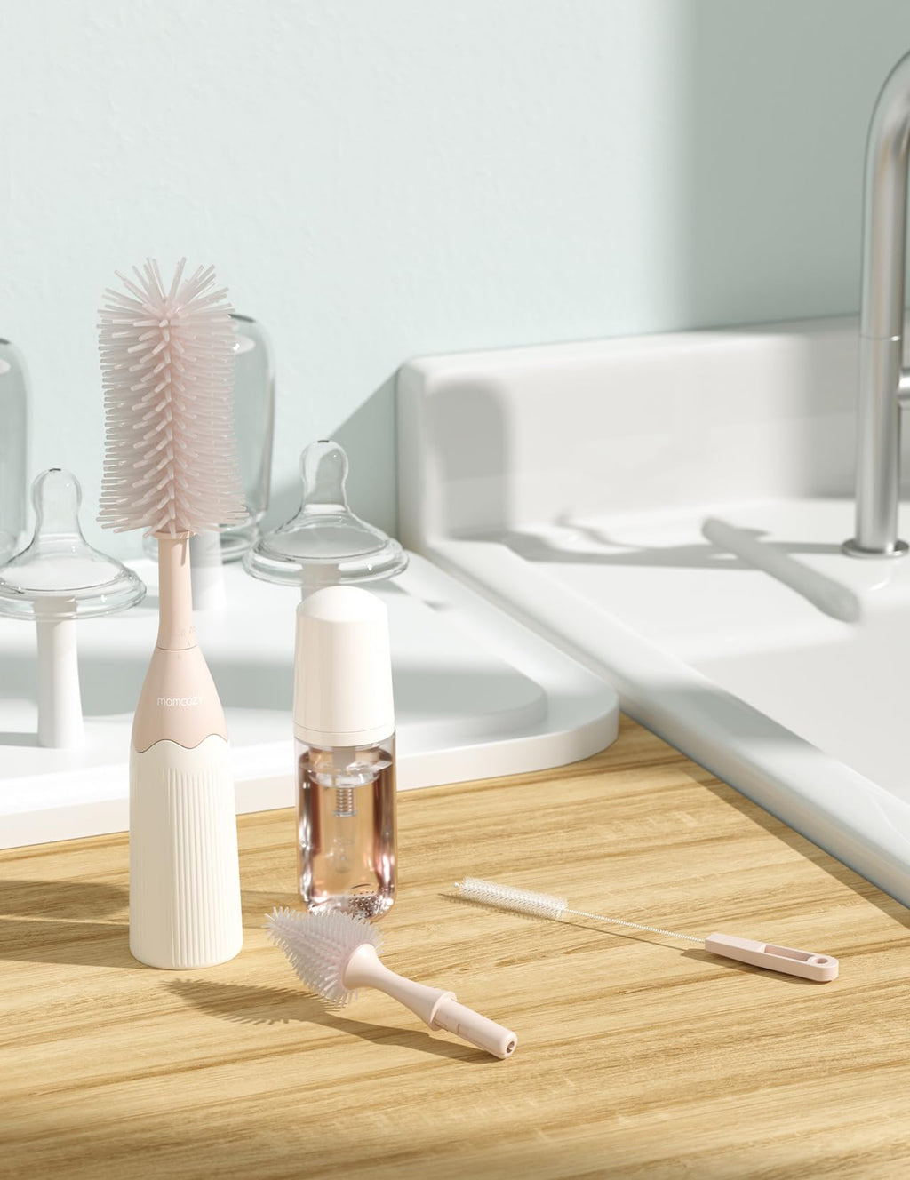 Momcozy 7-in-1 Baby Bottle Cleaner Kit with Silicone, Nipple & Straw Brushes, Soap Dispenser and Drying Rack - Portable Cleaning Tool for Home and Travel, Pink