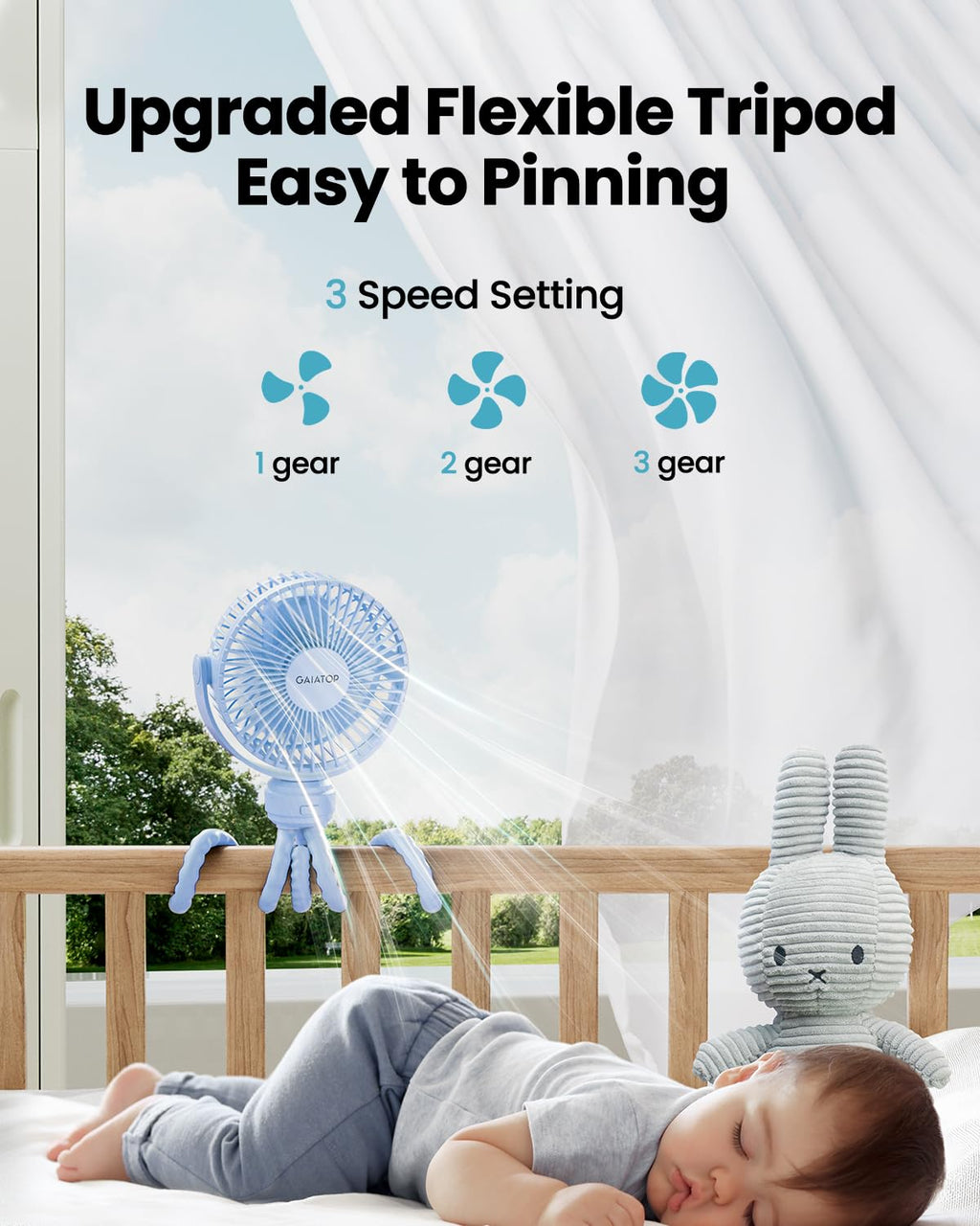 Gaiatop Mini Portable Stroller Fan, Battery Operated Small Clip on, Detachable 3 Speed Rechargeable, 360° Rotate Flexible Tripod Better Cooling for Car Seat Crib Treadmill Travel Black