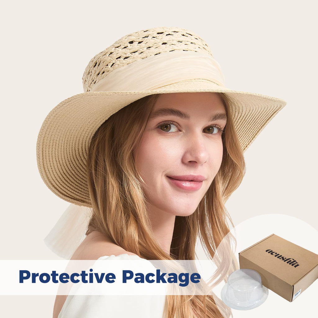 ACUSHLA Straw Sun Hat for Women Wide Brim Adjustable Boho Summer Beach Hats with Bow Vintage Fedora Panama UPF 50+