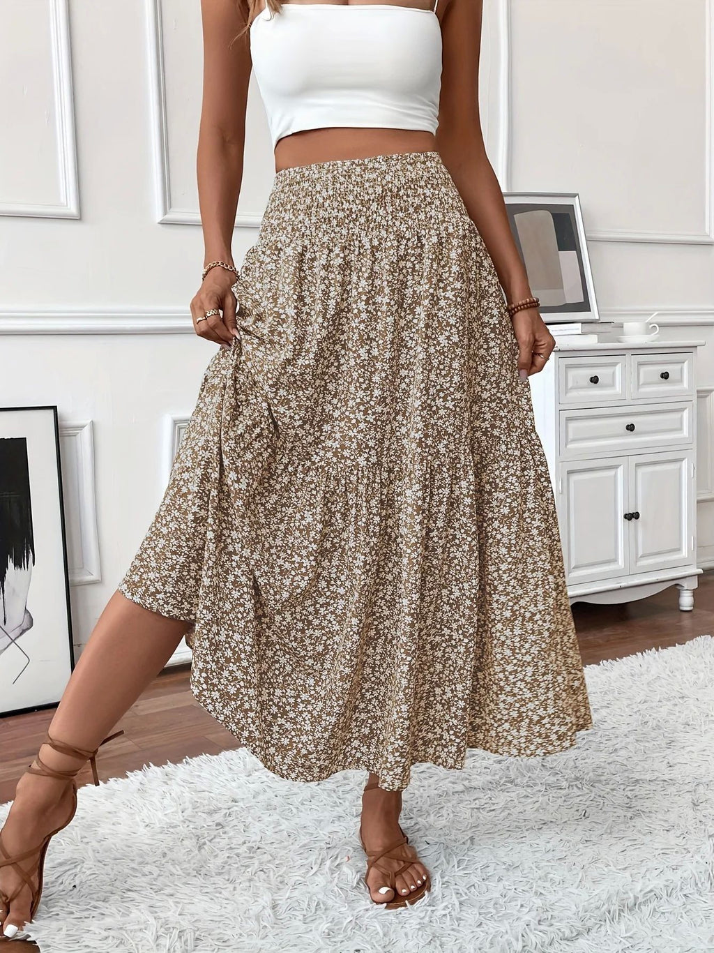 Floral Print High Waist A-line Skirt