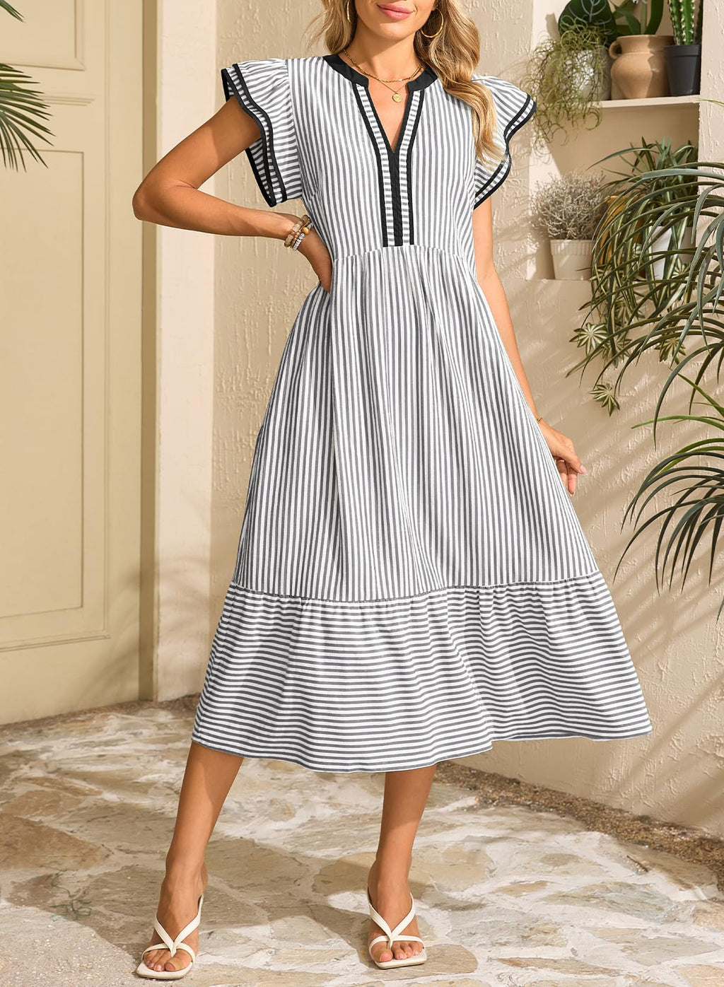 Dokotoo Womens Dresses 2026 Summer V-Neck Ruffle Cap Sleeve Empire Waist Flowy Striped Beach Midi Maxi Dress with Pockets