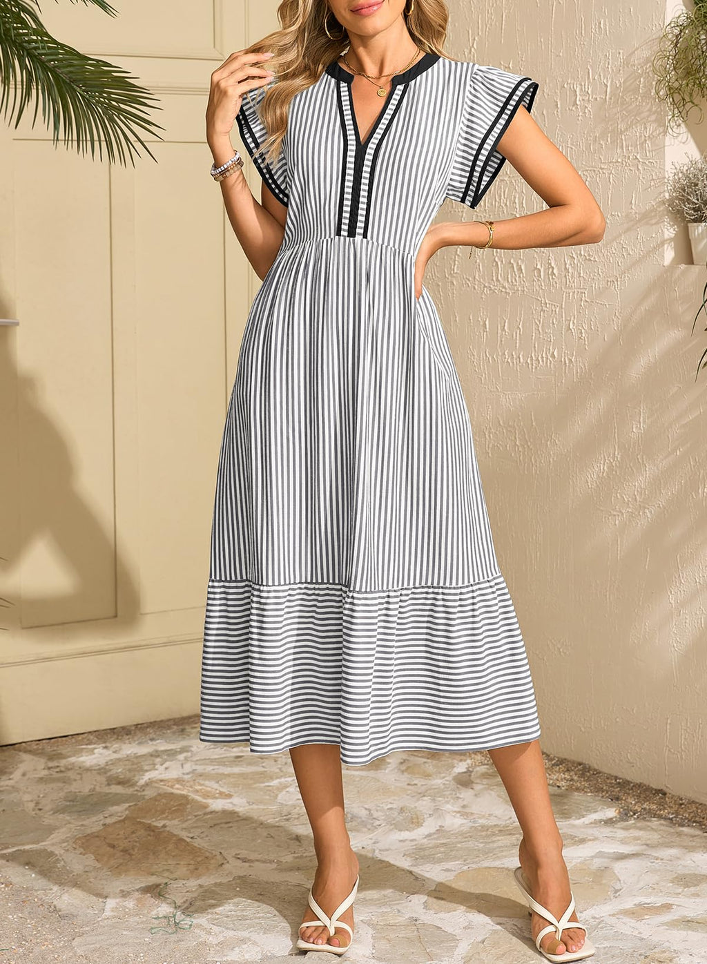 Dokotoo Womens Dresses 2026 Summer V-Neck Ruffle Cap Sleeve Empire Waist Flowy Striped Beach Midi Maxi Dress with Pockets