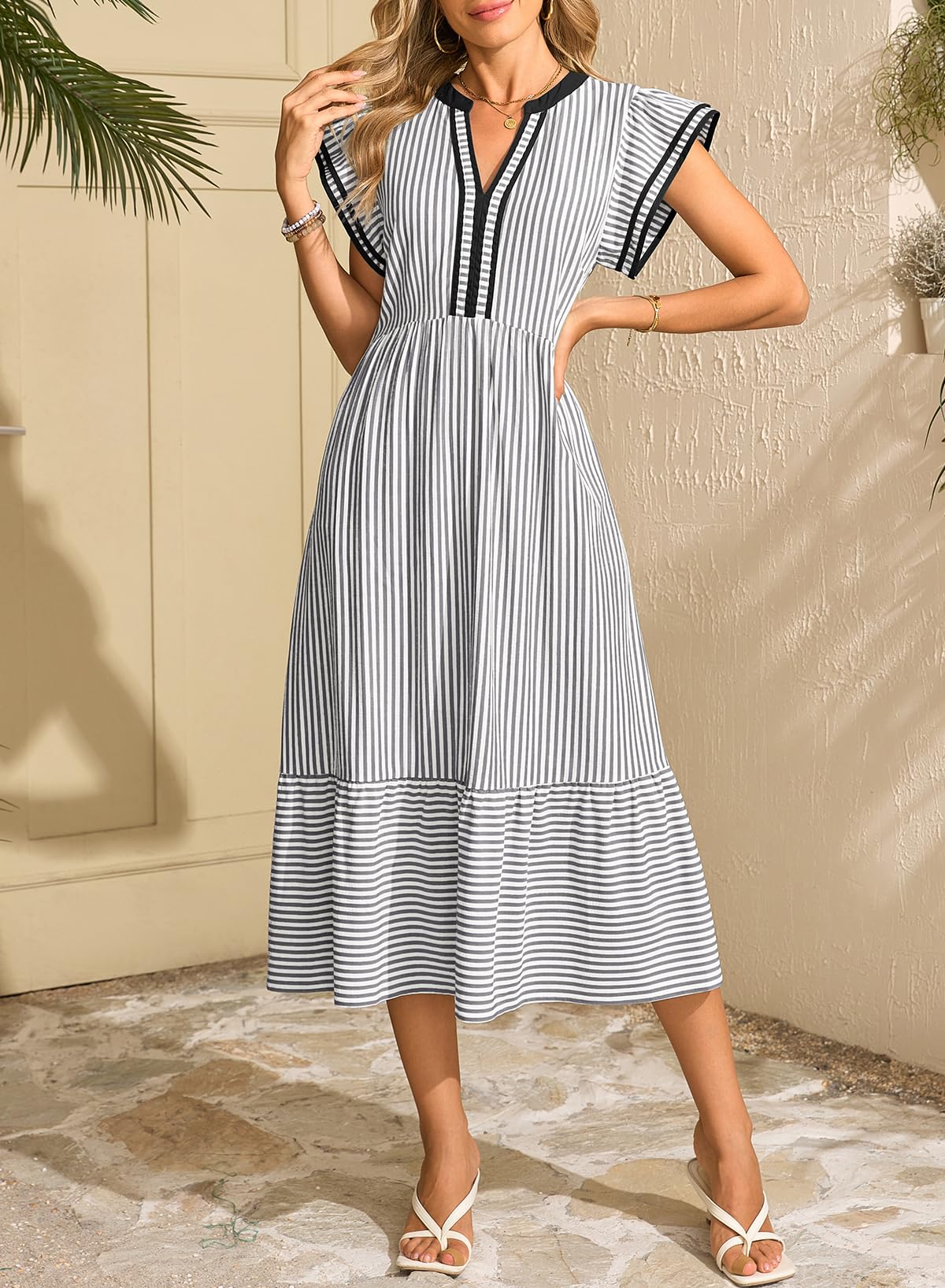 Dokotoo Womens Dresses 2026 Summer V-Neck Ruffle Cap Sleeve Empire Waist Flowy Striped Beach Midi Maxi Dress with Pockets