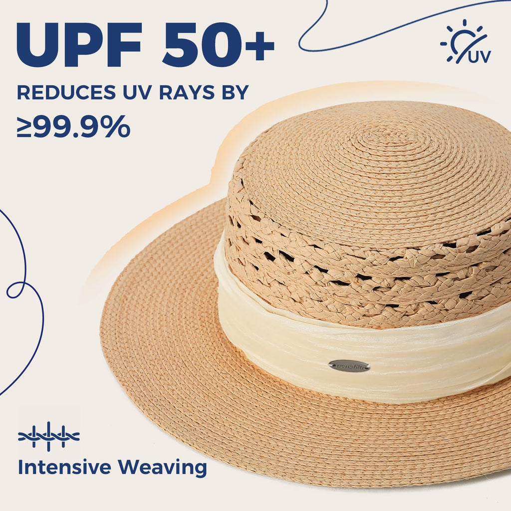 ACUSHLA Straw Sun Hat for Women Wide Brim Adjustable Boho Summer Beach Hats with Bow Vintage Fedora Panama UPF 50+