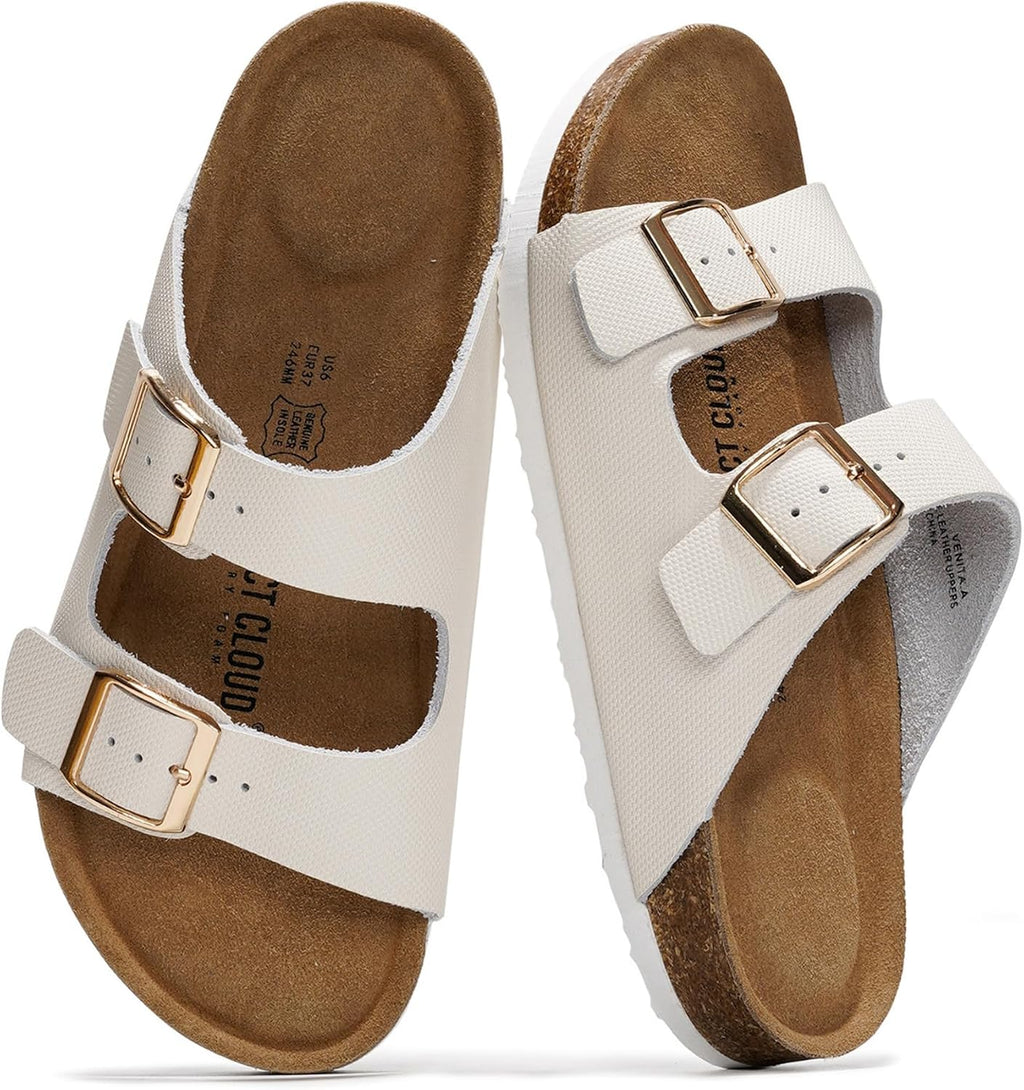 Project Cloud 100% Genuine Leather Flat Sandals For Women 2026 Cork Footbed Womens Sandals with Memory Foam and arch support Vacation Essentials Slides for Women Footwear (Venita)