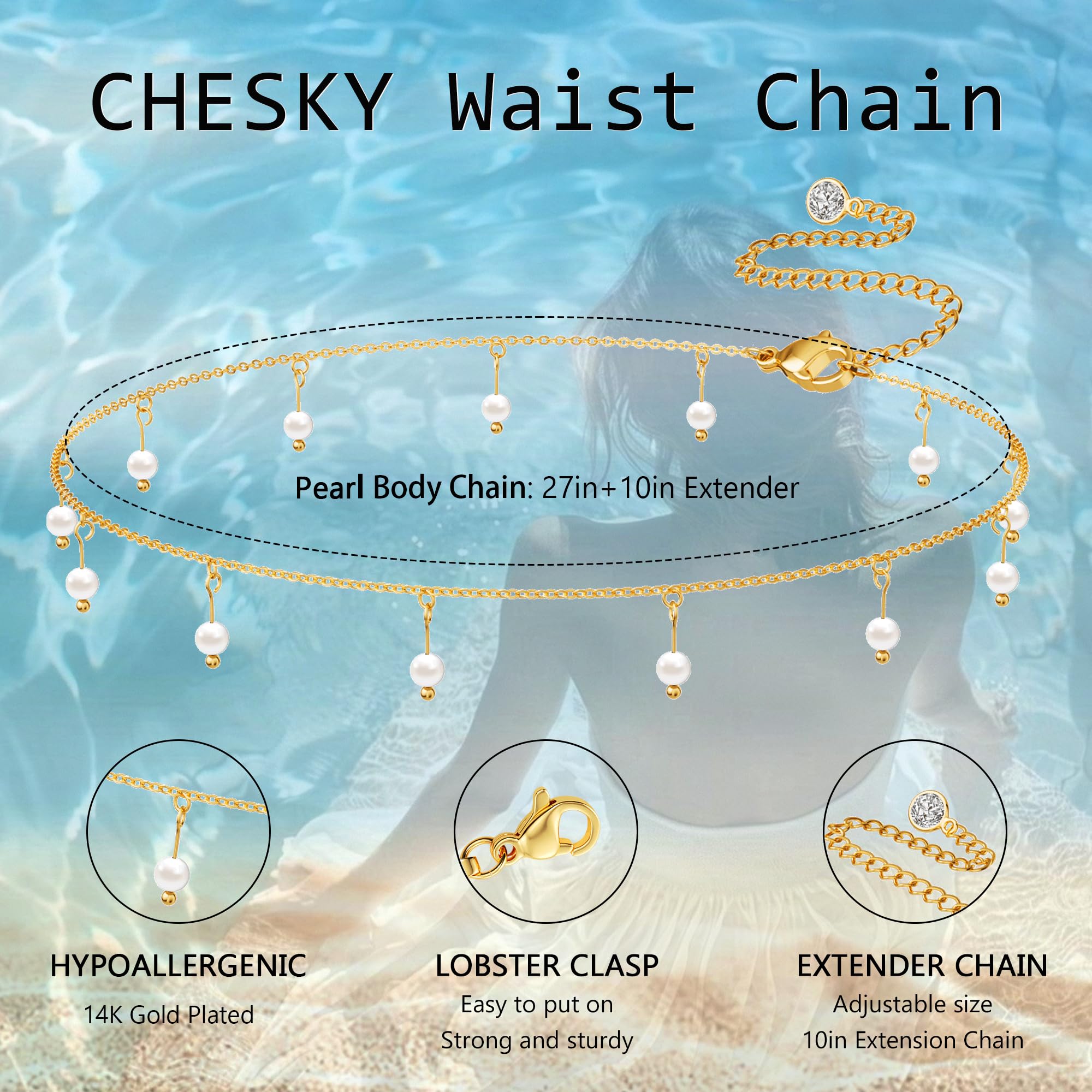 CHESKY 14K Gold Plated Silver Plated Waist Chain for Women, Layered Belly Belt Chains Beach Waist Beads Chain Waterproof Snake Cuban Body Chain Summer Jewelry Accessories for Women