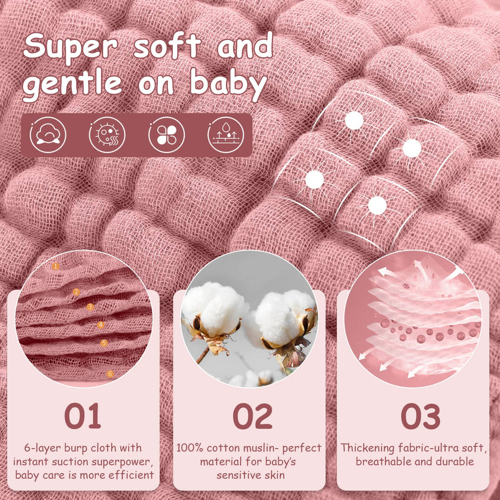 Looxii Muslin Burp Cloths Baby Girl 6 Pack - 20" x 10" - Ultra Soft & Absorbent, 6-Layer 100% Cotton for Spit Up & Drool- Gentle Baby Burping Cloth, Newborn Essentials Shower Gift Girl, Gradient Pink