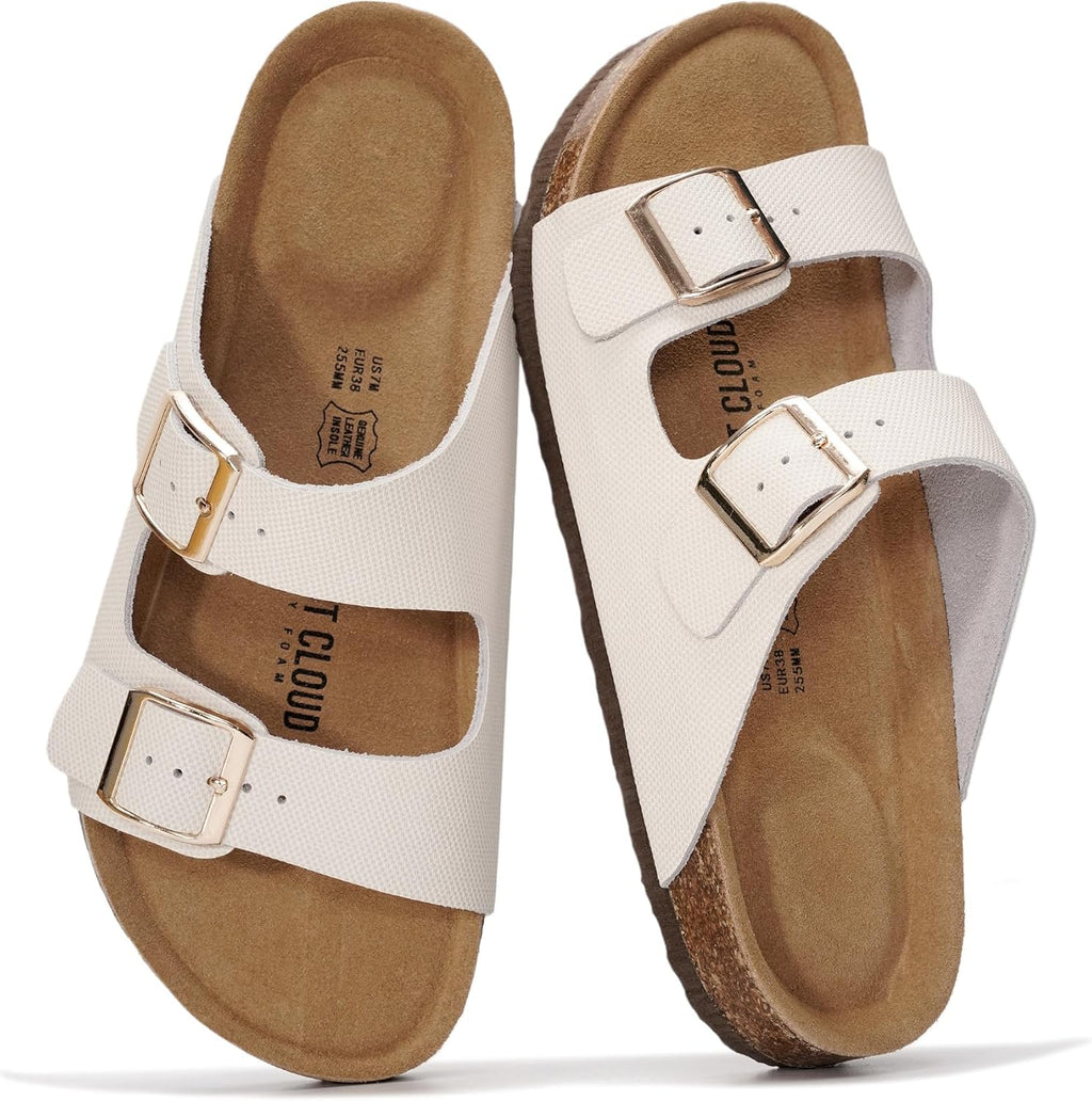 Project Cloud 100% Genuine Leather Flat Sandals For Women 2026 Cork Footbed Womens Sandals with Memory Foam and arch support Vacation Essentials Slides for Women Footwear (Venita)