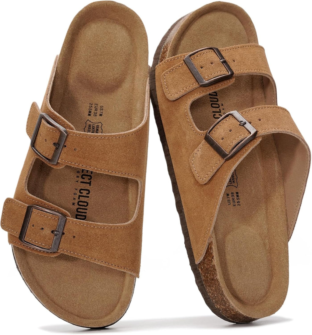 Project Cloud 100% Genuine Leather Flat Sandals For Women 2026 Cork Footbed Womens Sandals with Memory Foam and arch support Vacation Essentials Slides for Women Footwear (Venita)