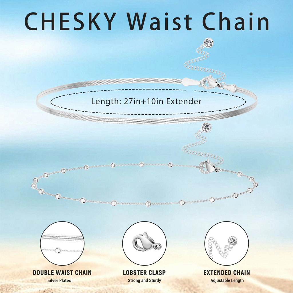 CHESKY 14K Gold Plated Silver Plated Waist Chain for Women, Layered Belly Belt Chains Beach Waist Beads Chain Waterproof Snake Cuban Body Chain Summer Jewelry Accessories for Women