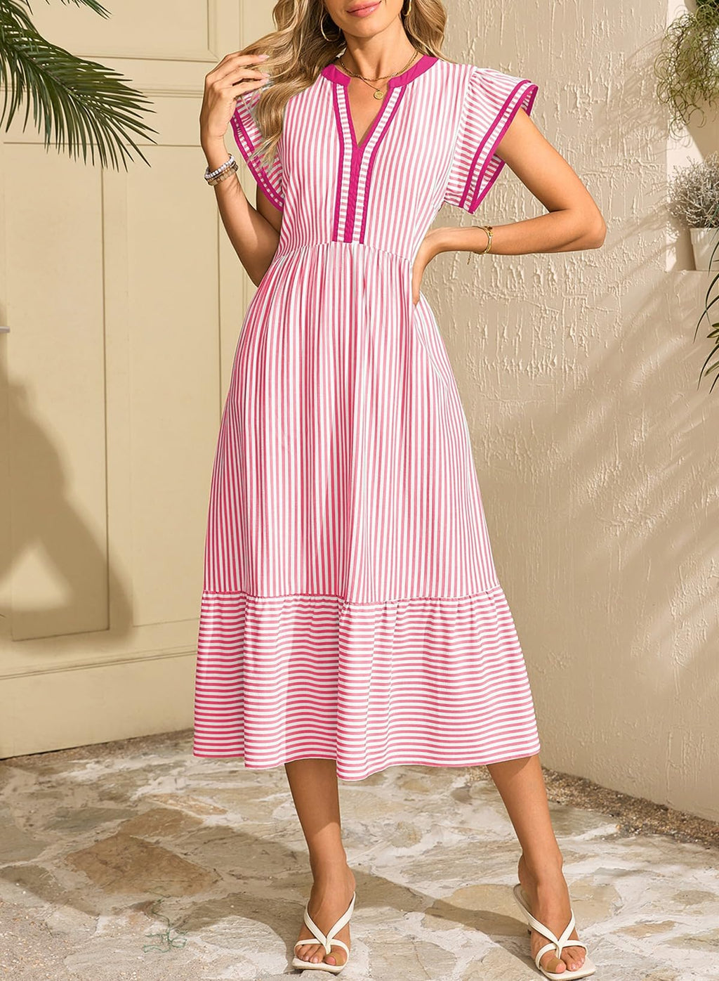 Dokotoo Womens Dresses 2026 Summer V-Neck Ruffle Cap Sleeve Empire Waist Flowy Striped Beach Midi Maxi Dress with Pockets
