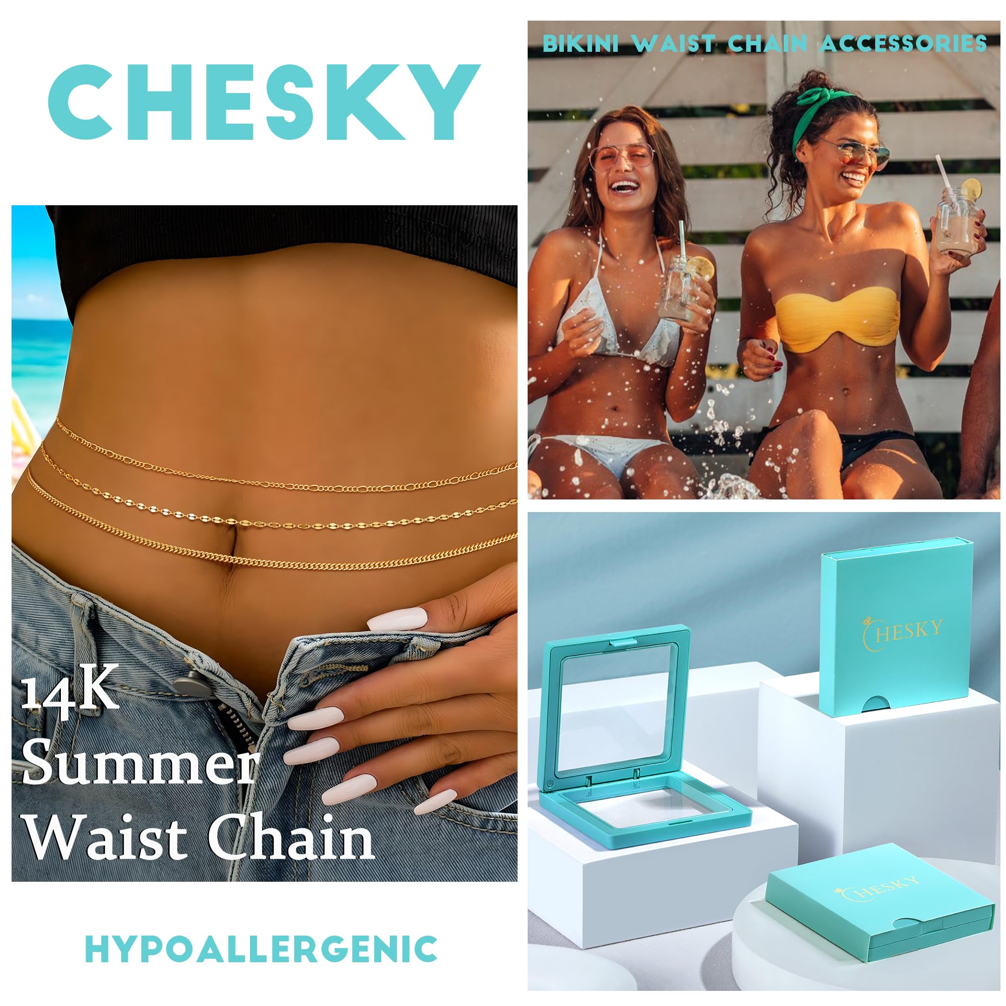 CHESKY 14K Gold Plated Silver Plated Waist Chain for Women, Layered Belly Belt Chains Beach Waist Beads Chain Waterproof Snake Cuban Body Chain Summer Jewelry Accessories for Women