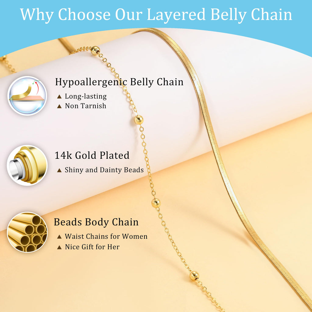 CHESKY 14K Gold Plated Silver Plated Waist Chain for Women, Layered Belly Belt Chains Beach Waist Beads Chain Waterproof Snake Cuban Body Chain Summer Jewelry Accessories for Women