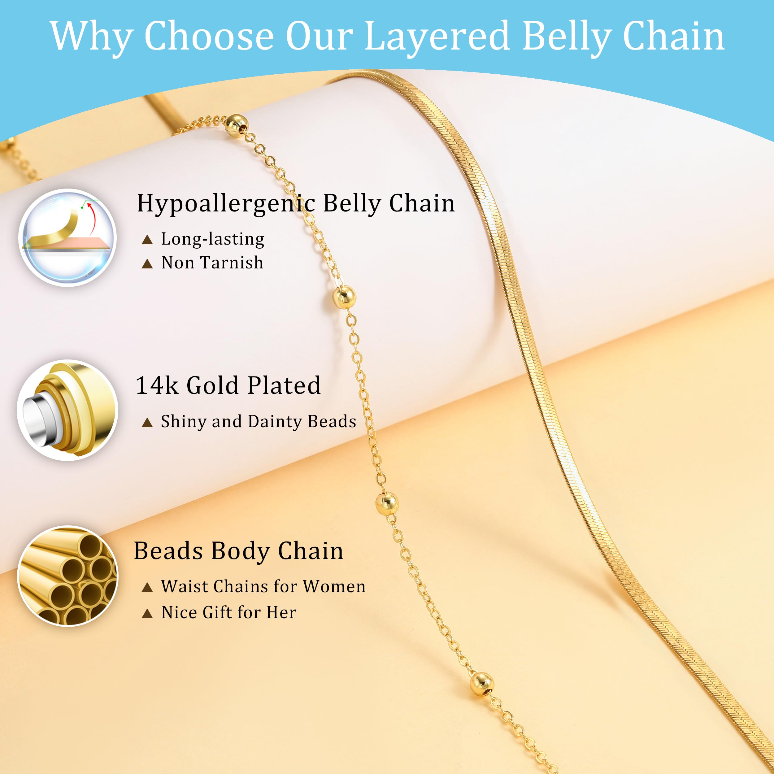 CHESKY 14K Gold Plated Silver Plated Waist Chain for Women, Layered Belly Belt Chains Beach Waist Beads Chain Waterproof Snake Cuban Body Chain Summer Jewelry Accessories for Women