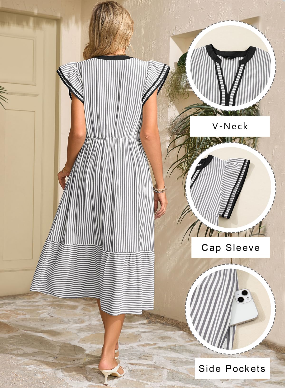 Dokotoo Womens Dresses 2026 Summer V-Neck Ruffle Cap Sleeve Empire Waist Flowy Striped Beach Midi Maxi Dress with Pockets