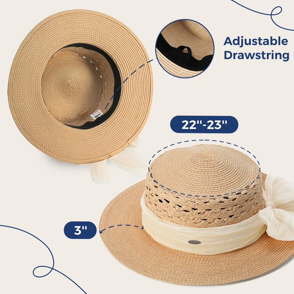 ACUSHLA Straw Sun Hat for Women Wide Brim Adjustable Boho Summer Beach Hats with Bow Vintage Fedora Panama UPF 50+