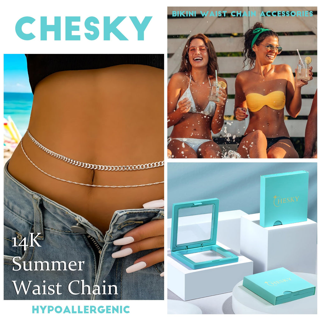 CHESKY 14K Gold Plated Silver Plated Waist Chain for Women, Layered Belly Belt Chains Beach Waist Beads Chain Waterproof Snake Cuban Body Chain Summer Jewelry Accessories for Women