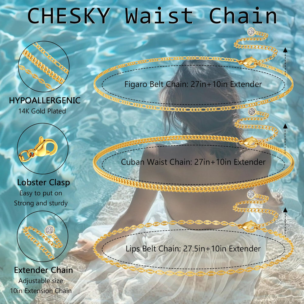 CHESKY 14K Gold Plated Silver Plated Waist Chain for Women, Layered Belly Belt Chains Beach Waist Beads Chain Waterproof Snake Cuban Body Chain Summer Jewelry Accessories for Women
