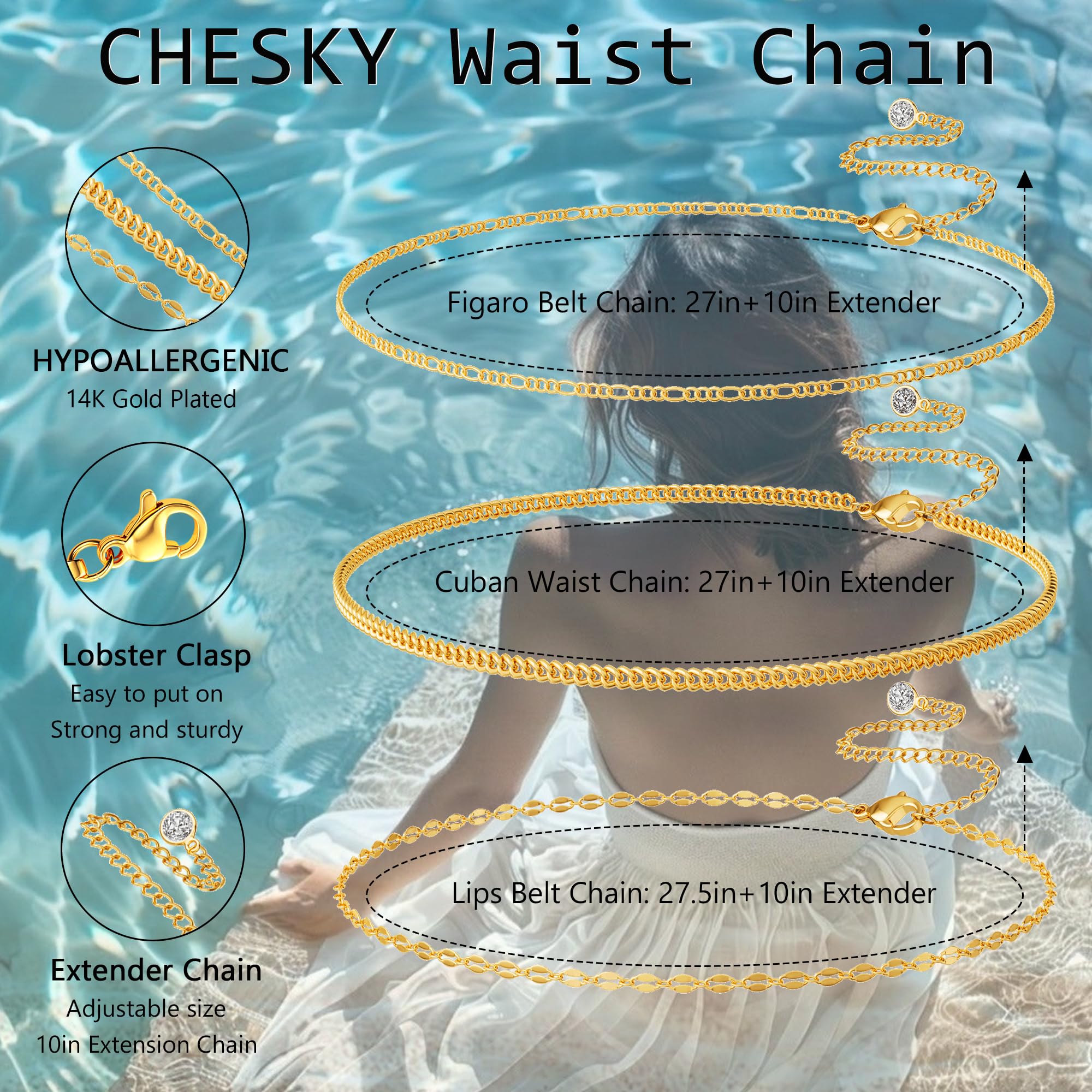 CHESKY 14K Gold Plated Silver Plated Waist Chain for Women, Layered Belly Belt Chains Beach Waist Beads Chain Waterproof Snake Cuban Body Chain Summer Jewelry Accessories for Women