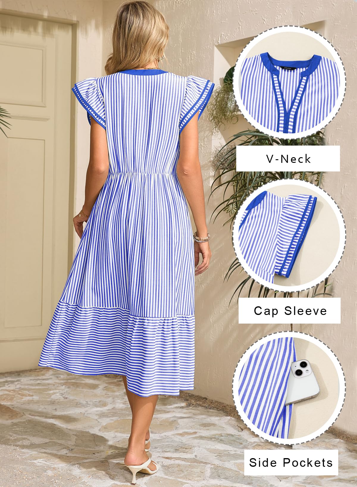 Dokotoo Womens Dresses 2026 Summer V-Neck Ruffle Cap Sleeve Empire Waist Flowy Striped Beach Midi Maxi Dress with Pockets