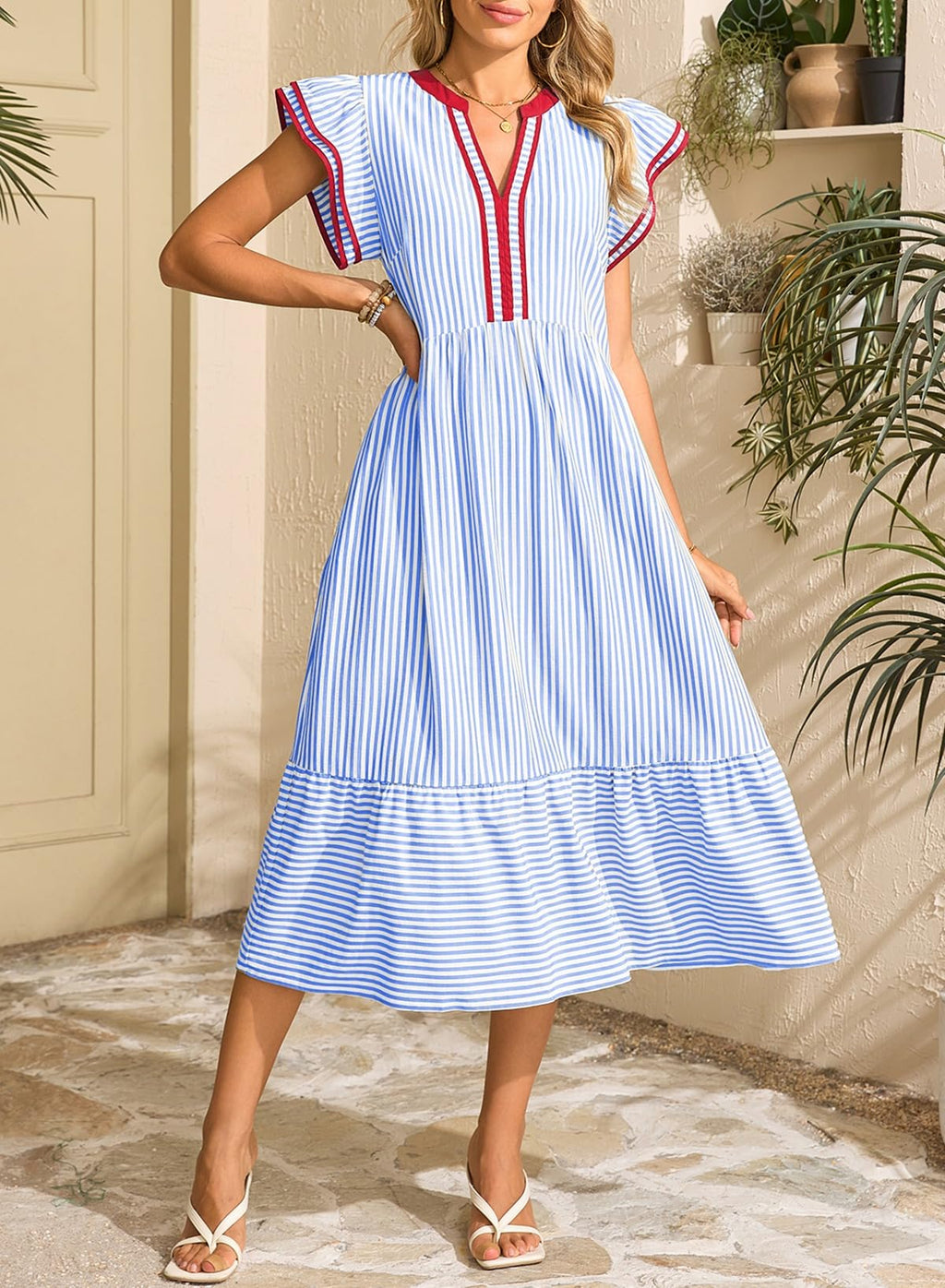 Dokotoo Womens Dresses 2026 Summer V-Neck Ruffle Cap Sleeve Empire Waist Flowy Striped Beach Midi Maxi Dress with Pockets