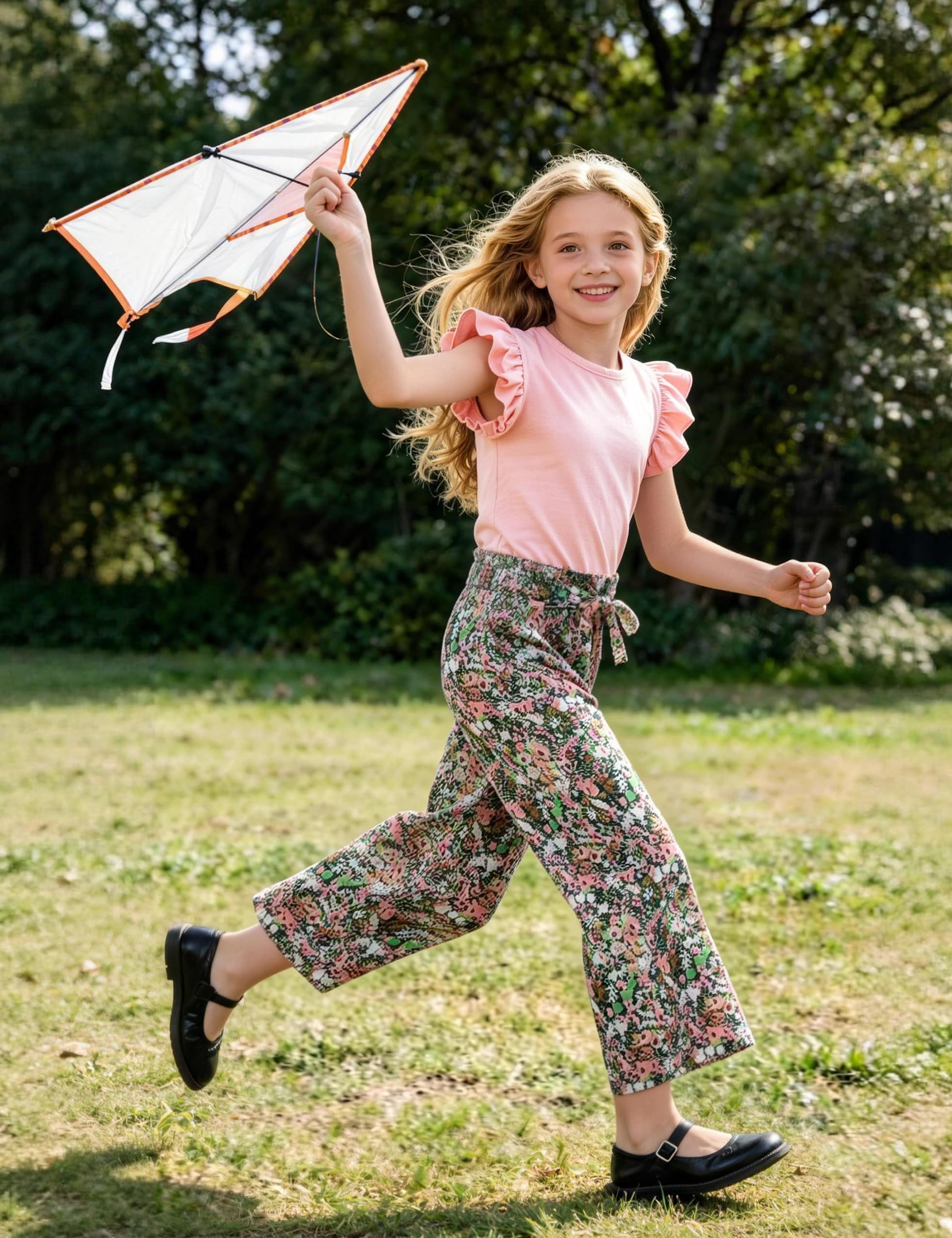 GEMLON Girls' Clothing Sets Solid Ruffle Sleeve Tank Top and Printed Wide Leg Pant 2 Piece Set Summer Outfits for Girls 5-14Y