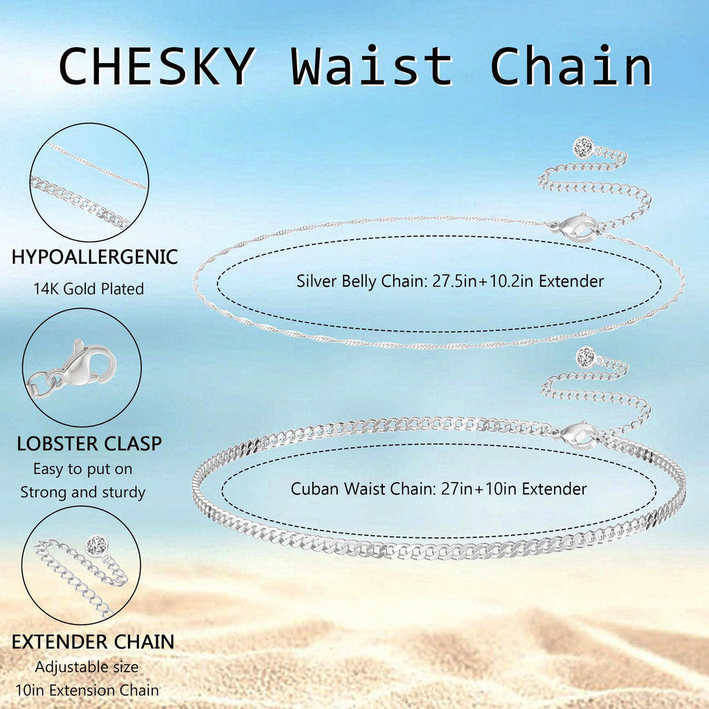 CHESKY 14K Gold Plated Silver Plated Waist Chain for Women, Layered Belly Belt Chains Beach Waist Beads Chain Waterproof Snake Cuban Body Chain Summer Jewelry Accessories for Women