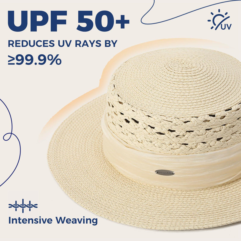ACUSHLA Straw Sun Hat for Women Wide Brim Adjustable Boho Summer Beach Hats with Bow Vintage Fedora Panama UPF 50+