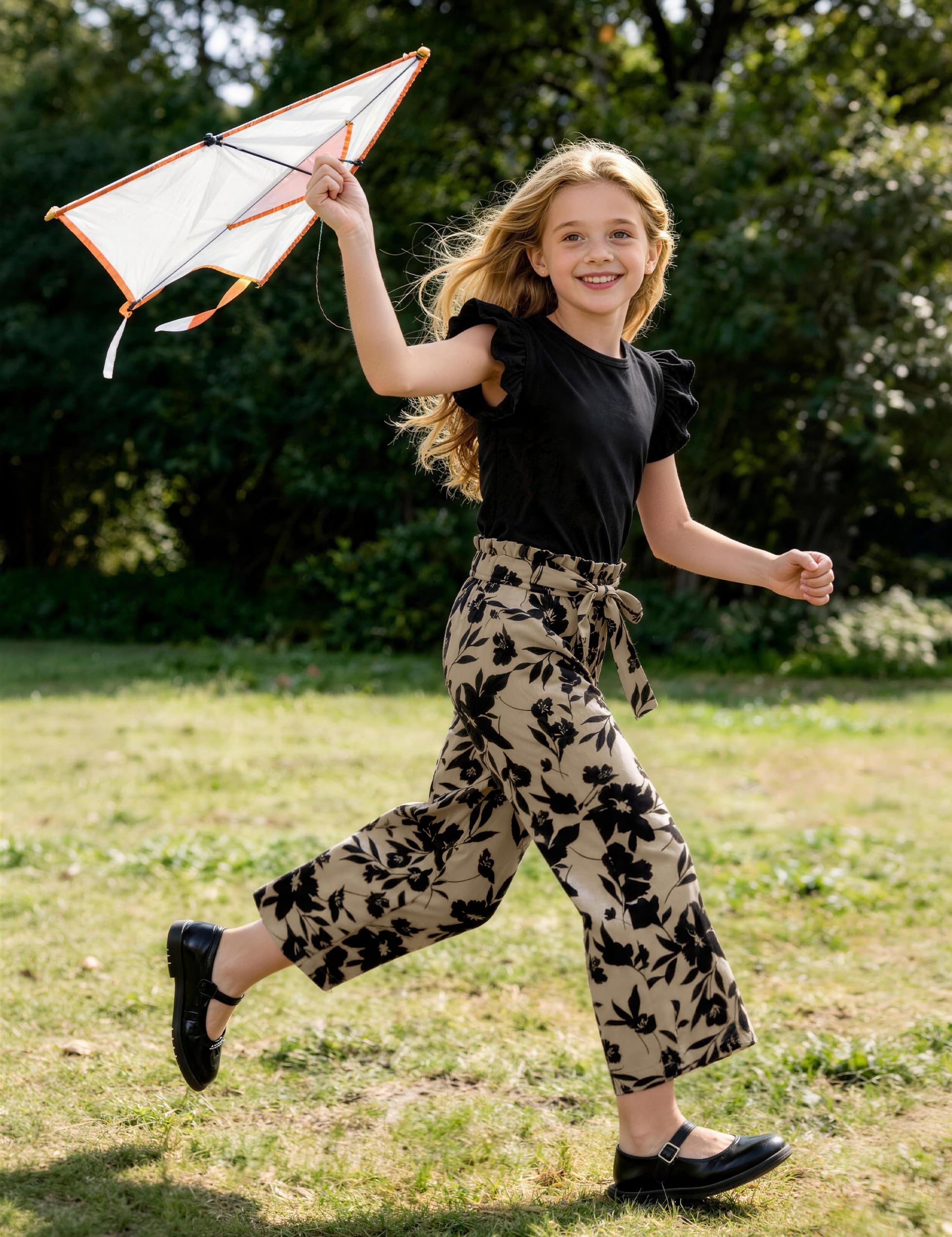 GEMLON Girls' Clothing Sets Solid Ruffle Sleeve Tank Top and Printed Wide Leg Pant 2 Piece Set Summer Outfits for Girls 5-14Y