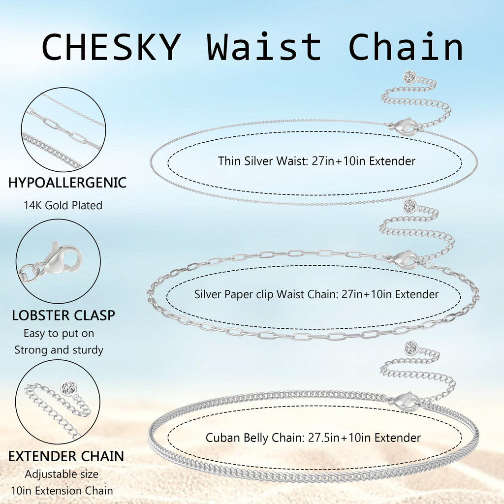 CHESKY 14K Gold Plated Silver Plated Waist Chain for Women, Layered Belly Belt Chains Beach Waist Beads Chain Waterproof Snake Cuban Body Chain Summer Jewelry Accessories for Women