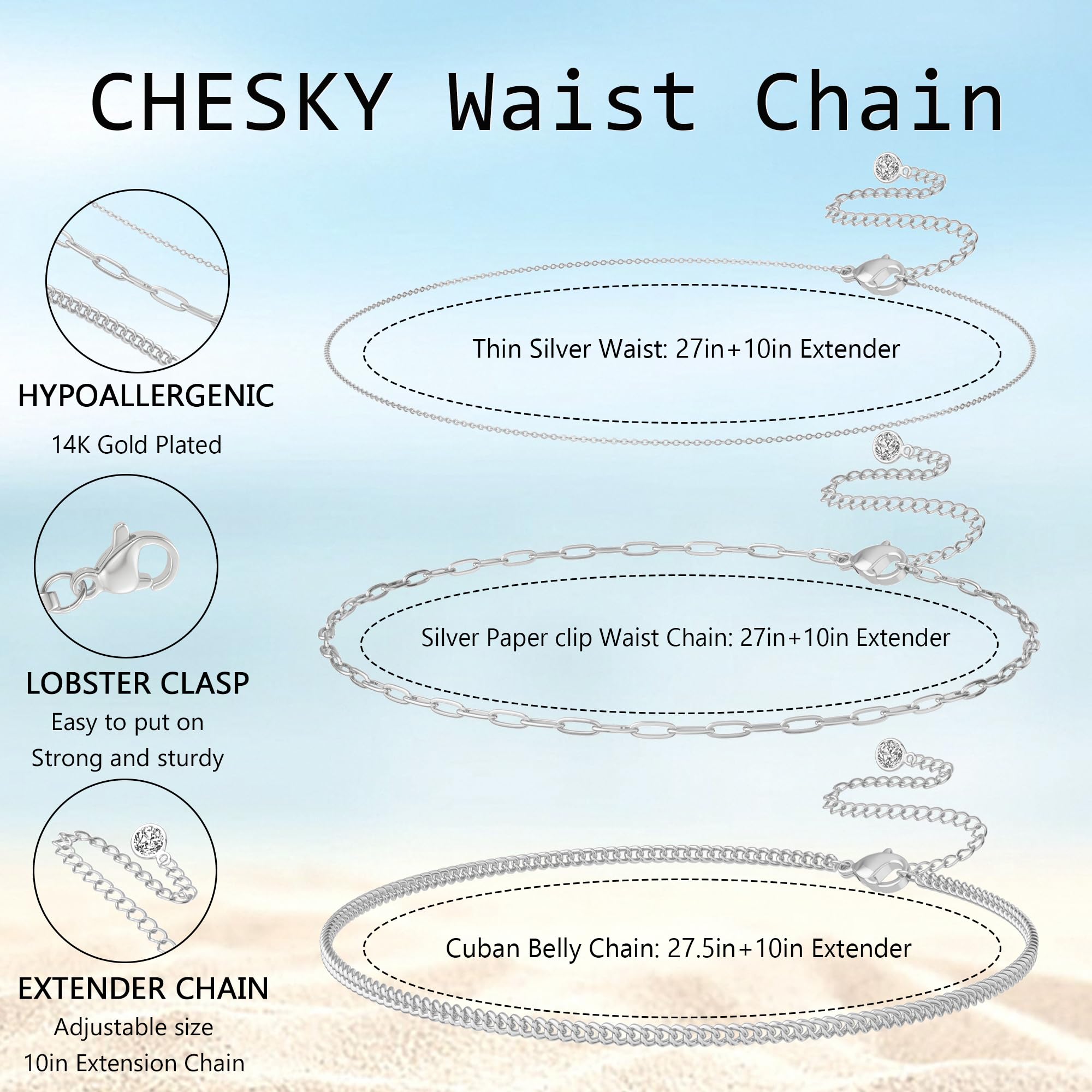 CHESKY 14K Gold Plated Silver Plated Waist Chain for Women, Layered Belly Belt Chains Beach Waist Beads Chain Waterproof Snake Cuban Body Chain Summer Jewelry Accessories for Women