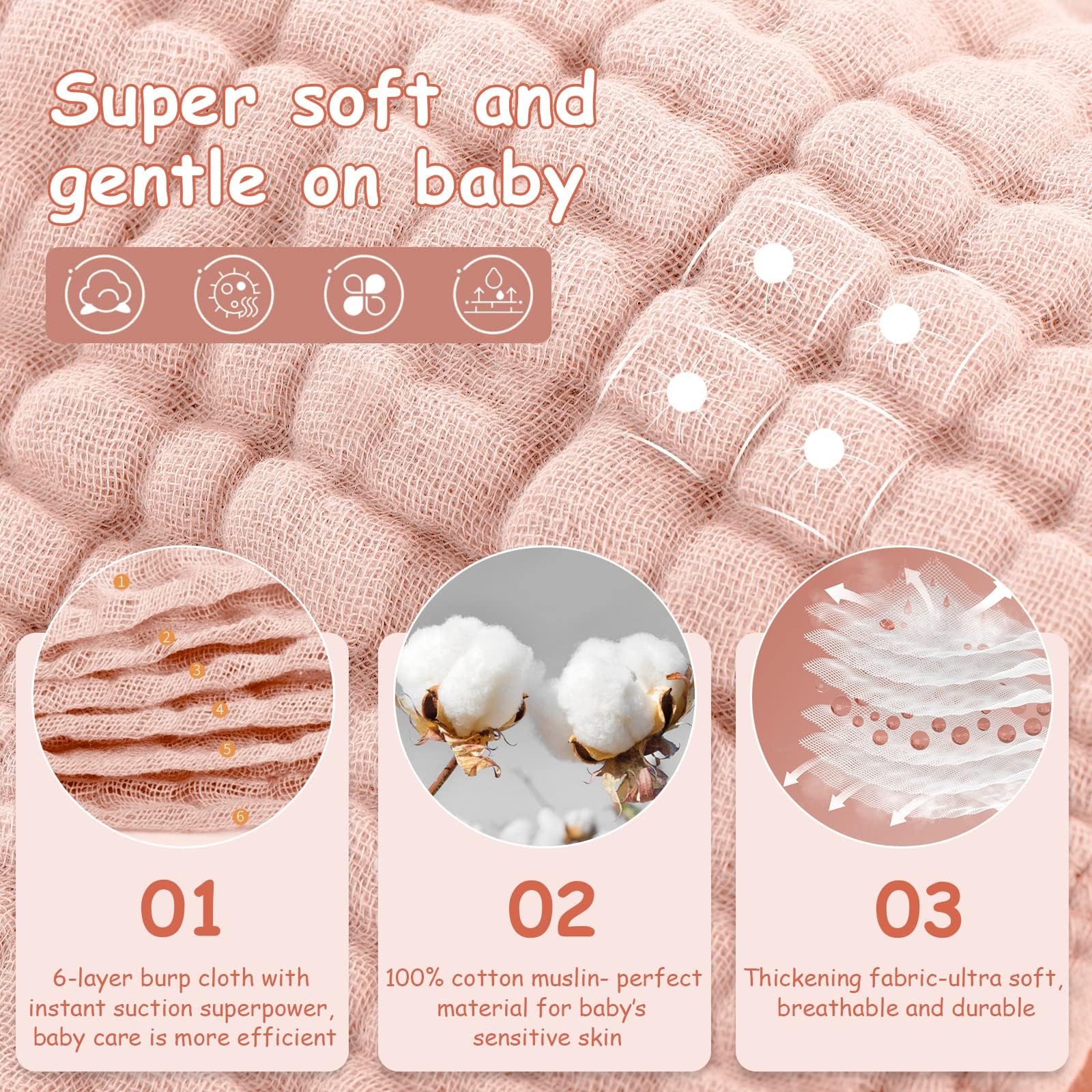 Looxii Muslin Burp Cloths Baby Girl 6 Pack - 20" x 10" - Ultra Soft & Absorbent, 6-Layer 100% Cotton for Spit Up & Drool- Gentle Baby Burping Cloth, Newborn Essentials Shower Gift Girl, Gradient Pink