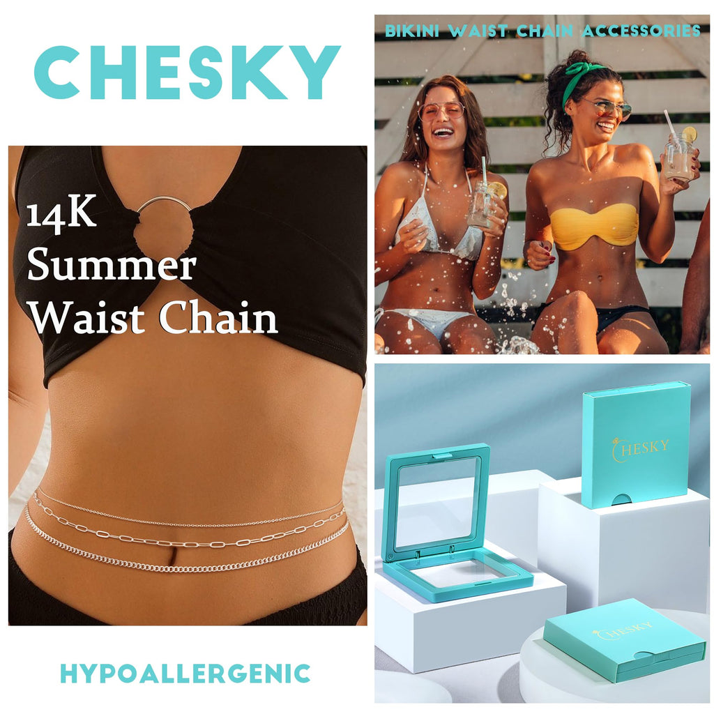 CHESKY 14K Gold Plated Silver Plated Waist Chain for Women, Layered Belly Belt Chains Beach Waist Beads Chain Waterproof Snake Cuban Body Chain Summer Jewelry Accessories for Women