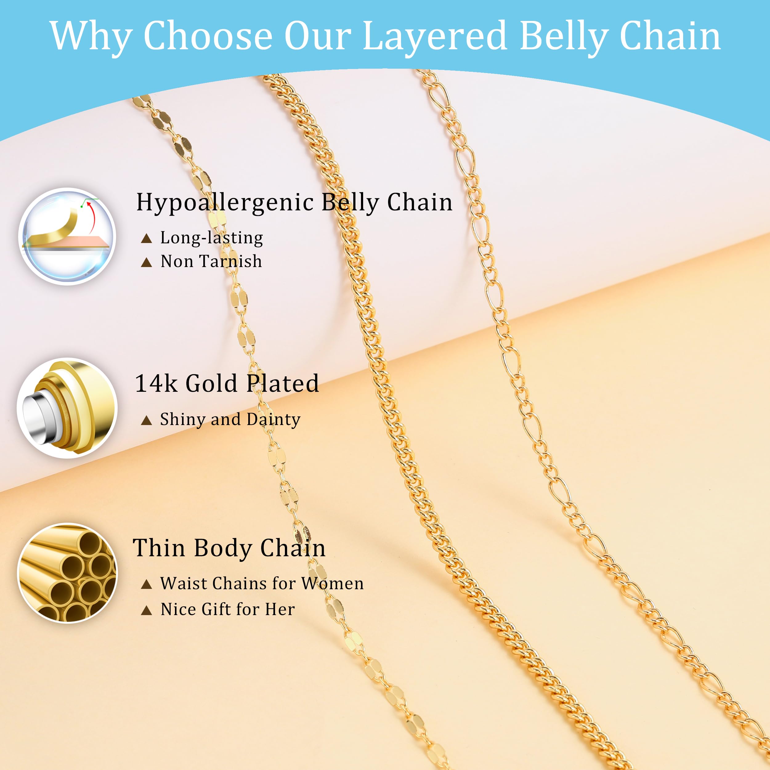 CHESKY 14K Gold Plated Silver Plated Waist Chain for Women, Layered Belly Belt Chains Beach Waist Beads Chain Waterproof Snake Cuban Body Chain Summer Jewelry Accessories for Women
