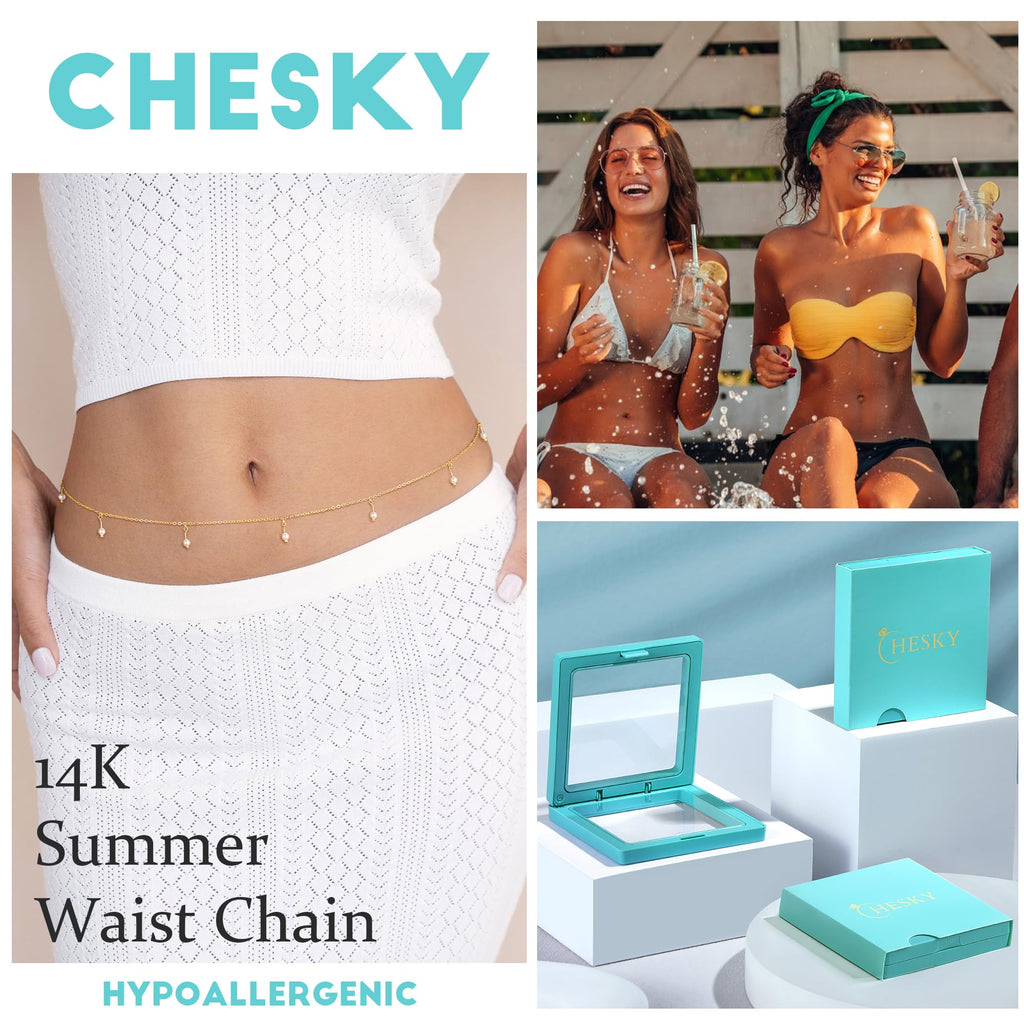 CHESKY 14K Gold Plated Silver Plated Waist Chain for Women, Layered Belly Belt Chains Beach Waist Beads Chain Waterproof Snake Cuban Body Chain Summer Jewelry Accessories for Women