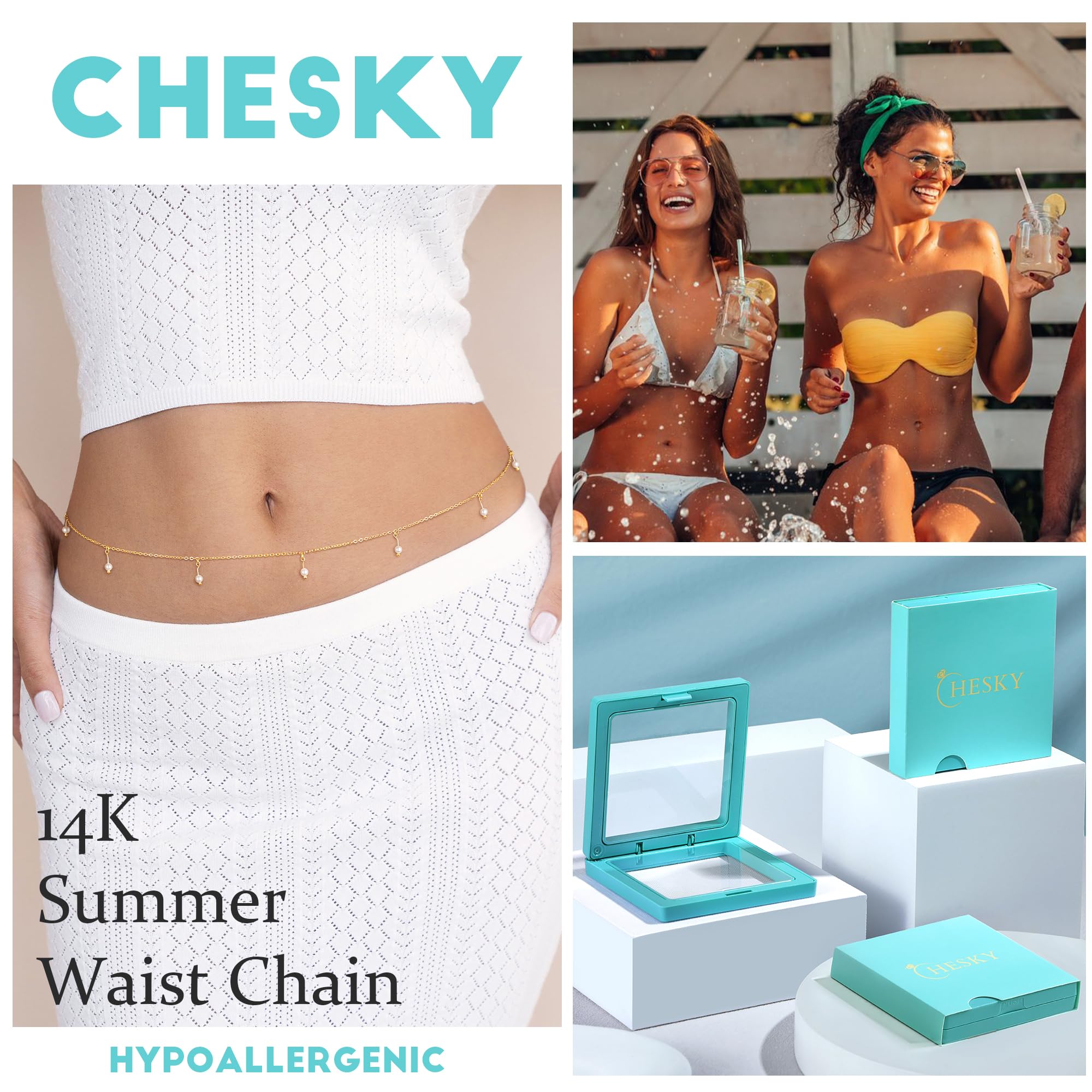 CHESKY 14K Gold Plated Silver Plated Waist Chain for Women, Layered Belly Belt Chains Beach Waist Beads Chain Waterproof Snake Cuban Body Chain Summer Jewelry Accessories for Women
