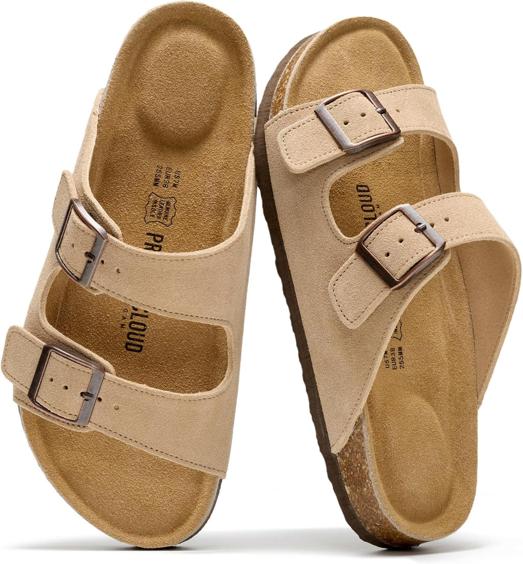 Project Cloud 100% Genuine Leather Flat Sandals For Women 2026 Cork Footbed Womens Sandals with Memory Foam and arch support Vacation Essentials Slides for Women Footwear (Venita)