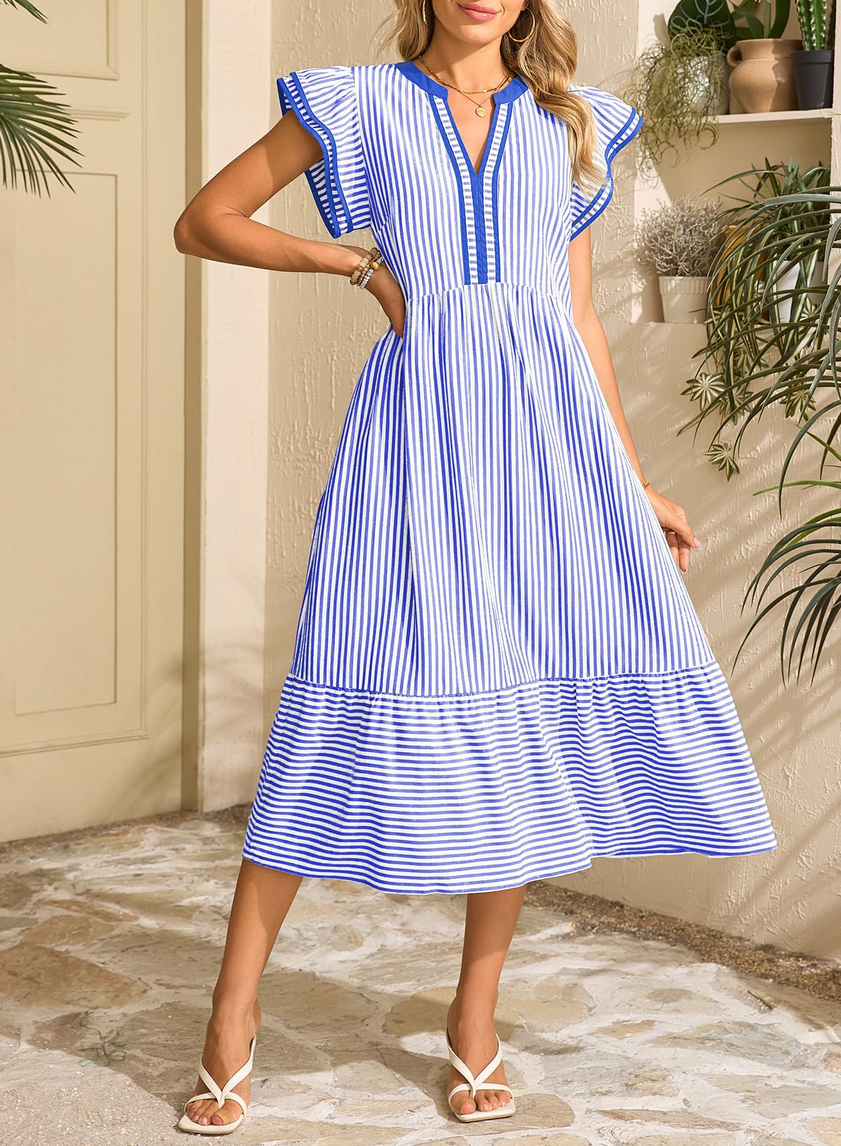 Dokotoo Womens Dresses 2026 Summer V-Neck Ruffle Cap Sleeve Empire Waist Flowy Striped Beach Midi Maxi Dress with Pockets