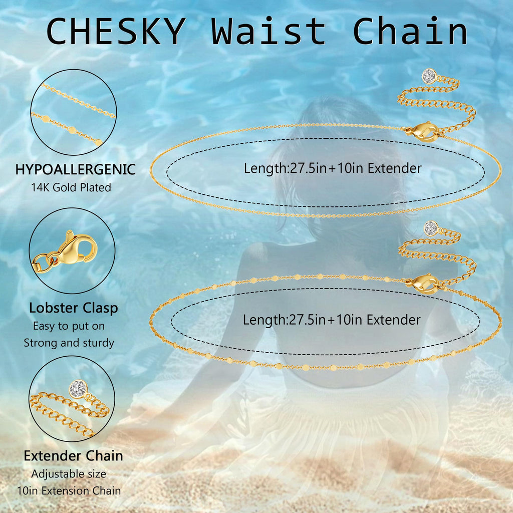 CHESKY 14K Gold Plated Silver Plated Waist Chain for Women, Layered Belly Belt Chains Beach Waist Beads Chain Waterproof Snake Cuban Body Chain Summer Jewelry Accessories for Women