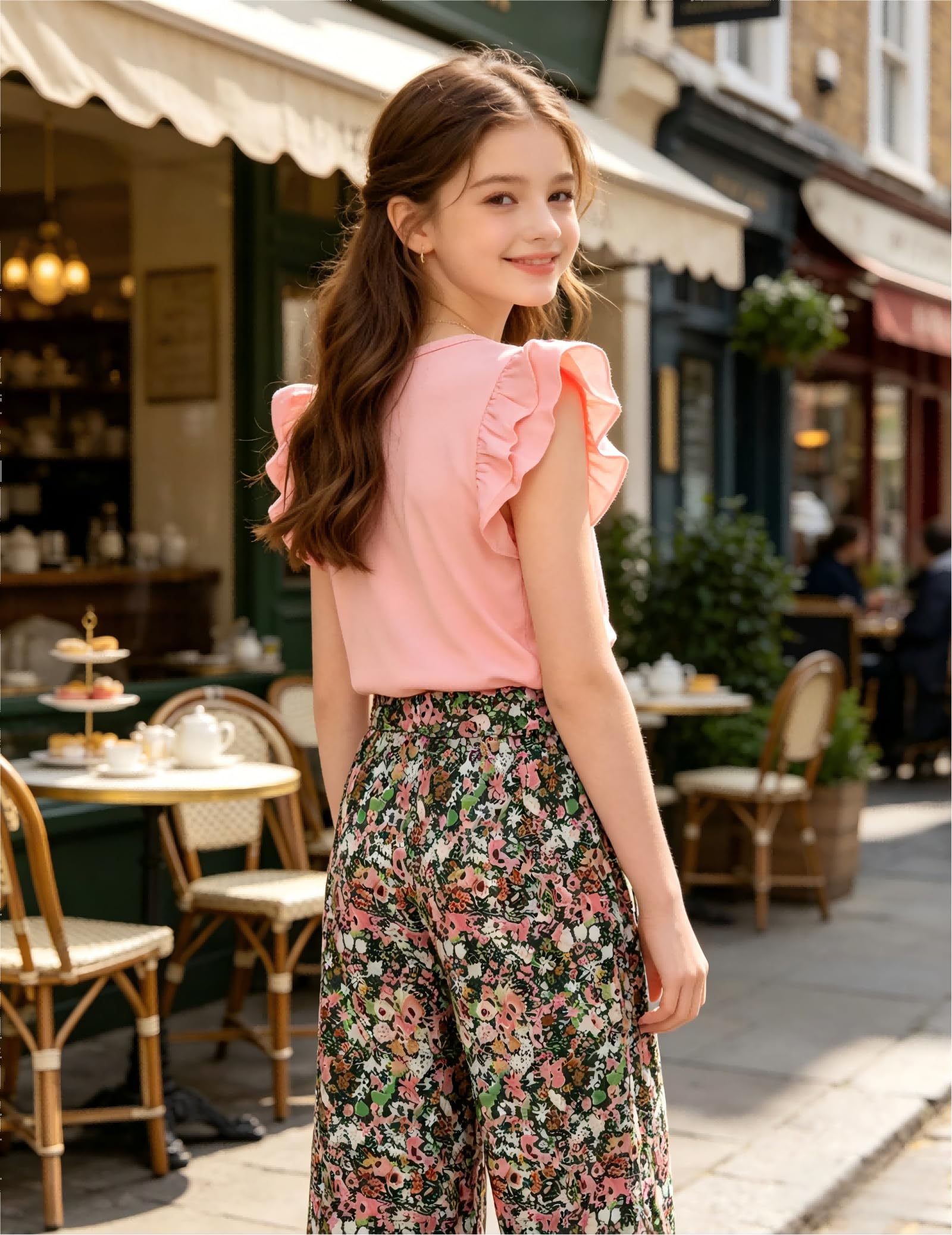 GEMLON Girls' Clothing Sets Solid Ruffle Sleeve Tank Top and Printed Wide Leg Pant 2 Piece Set Summer Outfits for Girls 5-14Y